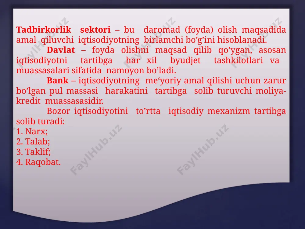 ishlab chiqarishning uzluksiz takrorlanib turishiga yordam beradi. bozor iqtisodiyotni tartibga solib turish vazifasini talab, raqobat va narxlar yordamida bajaradi. talab va taklifni jamlab, bu bilan nimani, qancha miqdorda va qaysi vaqtda ishlab chiqarish kerakligini aniqlab beradi.