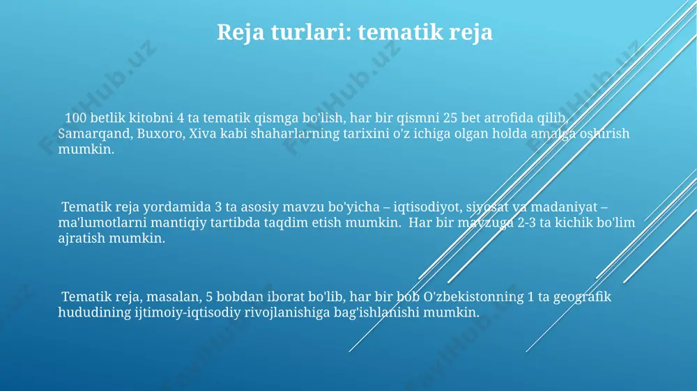 rossiya, xitoy) bo'yicha 6 qismga bo'lish mumkin. har bir qism tegishli davlatlar haqida ma'lumot beradi. reja turlari: mantiqiy reja mantiqiy reja yordamida 1000 soʻzdan iborat matnni 5 ta asosiy qismga boʻlish mumkin boʻlib, har bir qism 200 soʻz atrofida boʻlib, andijon viloyati haqidagi ma'lumotlar ma'lum bir mantiqiy izchillikda joylashtiriladi. mantiqiy rejaning tuzilishi 2 yoki 3 asosiy gʻoyaga asoslanishi va har bir gʻoya 4-6 ta kichik boʻlimga boʻlinishi, jumladan, tarixiy faktlar va statistik ma’lumotlarni 1,2,3 tartibida izchil taqdim etishni oʻz ichiga oladi. mantiqiy reja, masalan, 3 qismga boʻlingan ma’ruza rejasida, har bir qism 5-7 ta fikrni oʻz ichiga olishi va toshkent, samarqand kabi shaharlar haqidagi ma’lumotlarni mantiqiy ketma-ketlikda joylashtirishni nazarda tutadi. semantik qismlarni ajratish usullari semantik tahlil natijasida aniqlangan 7 ta kalit soʻz yordamida matnni mantiqiy qismlarga ajratish mumkin. har bir qism ma'lum bir kalit soʻz bilan bogʻliq boʻladi va butun matnning semantik yaxlitligini ta'minlaydi. matnni semantik qismlarga boʻlishda 3 ta …