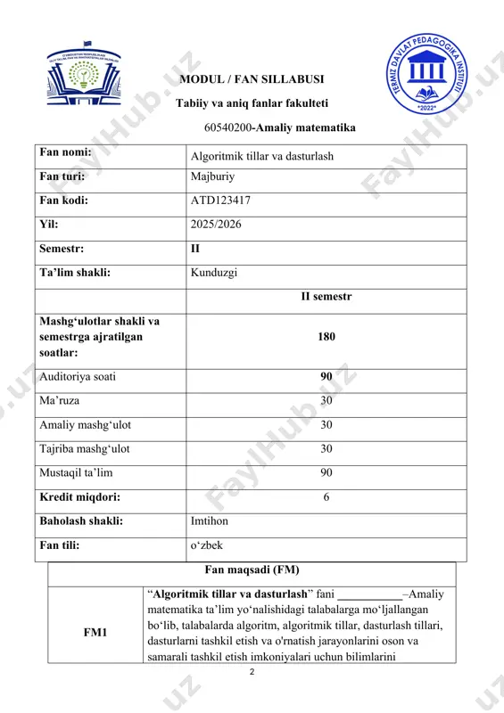 lining afzalliklari, kamchiliklari va qo'llanilish sohalarini tushuntirish. - talabalarga algoritmik fikrlash ko'nikmalarini rivojlantirishga yordam berish. - muammoni analiz qilish, algoritm tuzish va uni dasturga aylantirishni o'rgatish. - kodni optimallashtirish, samarali algoritmlar tashkil etish va ularni algoritmik tillar va dasturlashda amalga oshirish ko'nikmalarini shakllantirish. - kodning o'qilishi, texnik xizmat ko'rsatish osonligi va kengaytirilishiga e'tibor berish. 1. fanni o‘zlashtirish uchun zarur boshlang‘ich bilimlar 1. zamonaviy dasturlash tillari (_________) 2. informatikaning nazariy asoslari(__________) 3. diskret matematika va matematik mantiq (_____________) 2. taʼlim natijalari (tn) bilimlar jihatidan: tn1 kompyuter dasturini, mobil ilovalarni, veb-saytlarni, tizimlarni va boshqa dasturlarni tashkil etishda yordam beradi. tn2 ma'lumotlar bazalarida saqlash, fayllarda ishlash va ko'p maqsadlarda foydalanish uchun katta qulaylikni ta'minlaydi. tn3 dasturlashni o‘rganish, algoritmlarni tashkil etish va kompyuter logikasini rivojlantirishga olib keladi. bu talabaning fikrlashi va muammolariga yechim topishda yordam beradi. tn4 kompyuter tizimlarini, tarmoq tizimlarini, axborot texnologiyalari va boshqa tizimlarni tuzish uchun muhim vositalarni taqdim etadi. ko‘nikmalar jihatidan: …