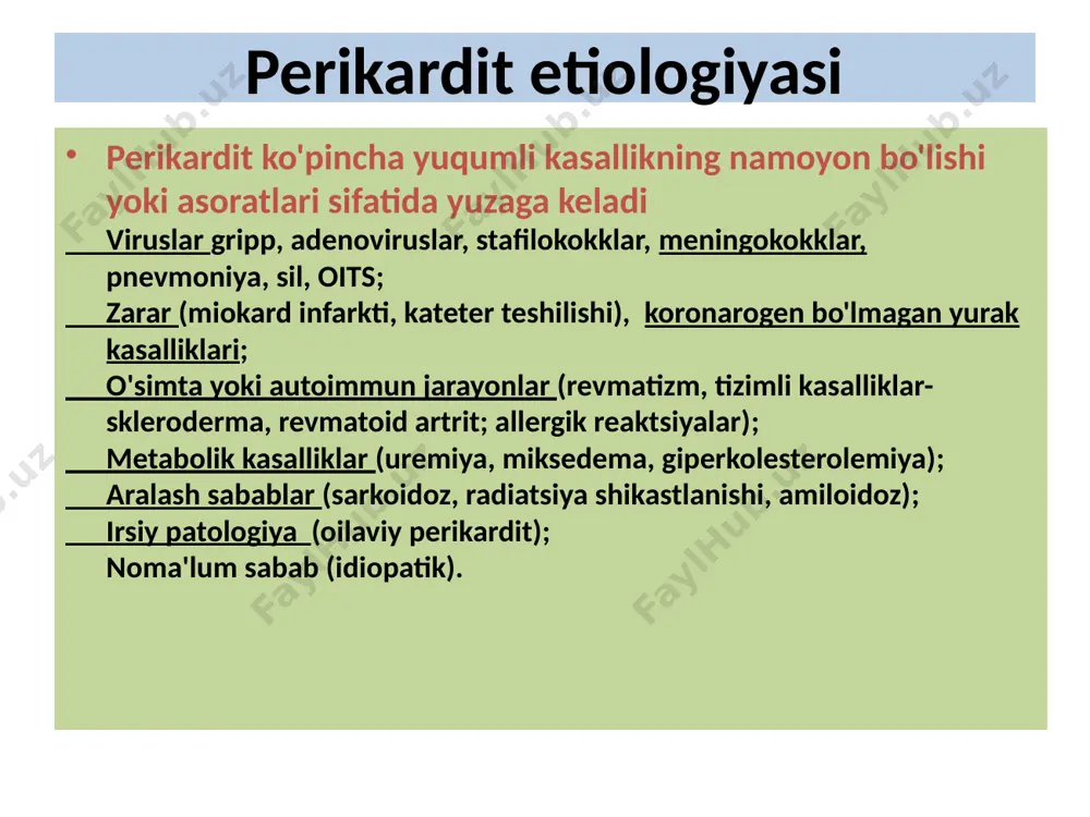 alashishi mumkin, auskultatsiya bilan bronxofoniya paydo bo'ladi, o'pka to'qimalarining perikardial suyuqlik bilan siqilishi tufayli nafas olishning bronxial soyasi; oldinga egilganda tovushning xiralashishi kamayadi; - kichik puls; - qon bosimining pasayishi. ekssudativ perikardit laboratoriya tekshiruvida quyidagilar aniqlanadi: - esr va leykotsitozning ko'payishi; - leykotsitlar formulasini chapga siljitish; -alfa-globulinlar, fibrinogen, haptoglobin darajasining oshishi perikard ponksiyoni - nisbiy zichligi 1,018 - 1,02 g/l, - protein miqdori 30 g/l dan oshadi, - rivalta reaktsiyasi ijobiy, - leykotsitlar orasida neytrofil granulotsitlar yoki limfotsitlar ustunlik qiladi (sil etiologiyasining perikarditida), - ekssudatdagi o'sma perikarditida atipik hujayralar, - limfogranulomatozda berezovskiy — sternberg hujayralari aniqlanadi, - mikroskop ostida xolesterin efüzyonu bilan xolesterin kristallari, detrit va yog ' degeneratsiyasi bosqichida alohida hujayralar ko'rinadi, - lupus perikarditida effuziyada le hujayralari aniqlanadi yurak tamponadasi tez to'planganda-250 ml, sekin to'planganda-1000 ml dan ortiq. nafas qisilishi, o'limdan qo'rqish hissi, yuz va bo'yinning aniq shishishi, keng tarqalgan siyanoz, sovuq ter, nafas olayotganda tushmaydigan bachadon bo'yni …