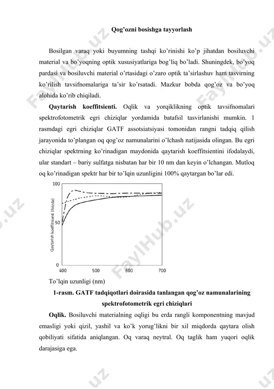 uchun bosiluvchi material imkon qadar neytral bo’lishi kerak. ammo, bosishda foydalaniladigan aksariyat materiallar bilan ishlashda kuzatuvchi odatda qandaydir rang tusiga moslashadi va uni oq sifatida qabul qiladi, boshqa ranglarni esa unga nisbatan qabul qiladi. bosilgan qog’oz boshqalaridan alohida ko’rilganda shu holat yuz beradi, lekin u svetoproba yoki oldin bosilgan ish bilan taqqoslanganda bosiluvchi materiallarning rangi orasidagi farq yanada sezilarli va ahamiyatli bo’lib qoladi. rangni hosil qilish jarayonida qog’ozning rangi muammo keltirib chiqarishini aniqlashning eng yaxshi usuli – vizual taqqoslashni amalga oshirish. yonma-yon qo’ygan holda bosilgan taglik namunalarini oddiygina qilib taqqoslash kerak; va bunda bosishda boshqalaridan sezilarli farq qilganlaridan foydalanmaslik kerak. zichligi kichik bo’lgan qog’ozlarni baholashda materialning rangi haqida sub’ektiv xulosa chiqarishga sabab bo’lishi mumkin bo’lgan shaffoflikni neytrallashtirish uchun qog’ozning bir nechta qavati taqqoslanishi kerak. baholash uchun ko’rishning standart sharoitlaridan foydalanish kerak, yakuniy xulosalar esa bir nechta baholovchilarning fikrlarini aks ettirishi kerak. bosilgan materiallar parametrlarini densitometrik o’lchash juda foydali bo’lavermaydi, chunki …
