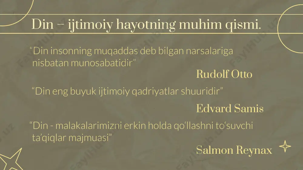 ng grafik sifatidagi ma’lumotlariga o‘ralashib qolgan kishilar jamoasi. virtual olam tahdidlari kompyuter tarmoqlari orqali amalga oshiriladigan muloqot maydonini ifodalovchi voqelik sifatida 1990-yildan boshlab qo‘llana boshlagan. kibermakon axborot ekstremizmining belgilari: radikallik antiijtimoiylik institutsionallik noqonuniylik deformatsiyalashgan ong telegram: instagram: taqiqlangan materiallar ro‘yxati: “abu salox darsliklari” “foida mp3” “tavhid darsi” “hidoyat tv” “savol va javoblar” “talabalar uchun darslar” “ixlostv” “shayx.sodiq_samarqandiy” “jannat.oshiqlari” “tawhiduz” “n_a_s_h_e_e_d” “ansoransoriy” “muhojir_mujahid” “idlib” insoniyat tarixida yuz bergan urushlarning 70 %i din va e’tiqod masalasi bilan bog’liq. dunyo xaritasida mavjud mamlakat borki, unda yashovchi xalqlarning o‘z dini, urf-odatlari va an’analari mavjud. ularni hurmat qilish tinchlikning birdan-bir asosidir. xulosa foydalanilgan adabiyotlar: narbekov a.v. dinshunoslik asoslari. –t., 2012. dunyo dinlari tarixi. o‘quv qo‘llanma. –t., 2011. zaripov o. dinshunoslik. –t., 2016. “diniy mutaassiblik” e’tiboringiz uchun rahmat!!! image1.jpeg image2.png image3.jpeg