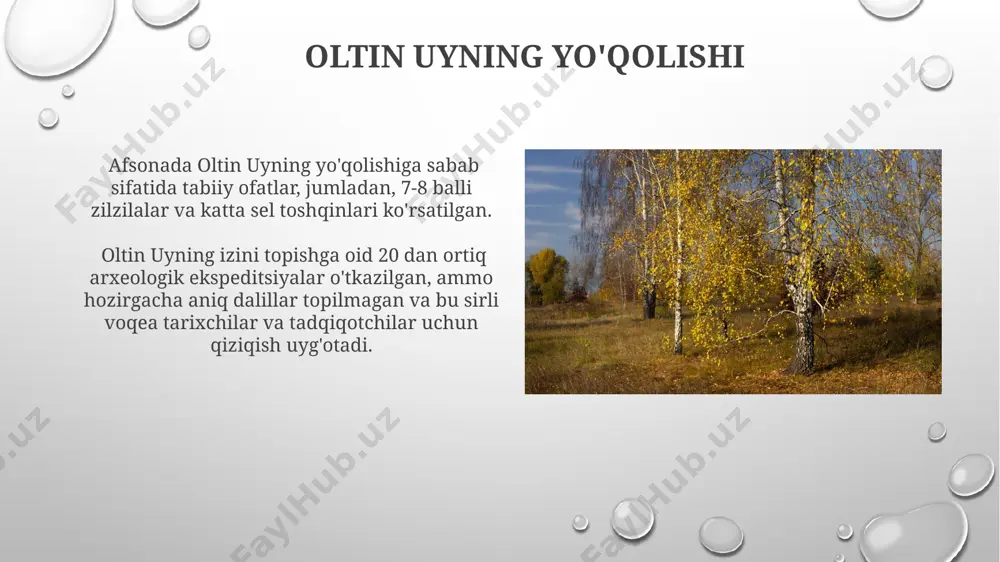 ng karbon izini 30% ga kamaytirishi mumkin. madaniy ta'siri madaniy taʼsir globalizatsiya jarayonida 3 asosiy omil – axborot texnologiyalari, migratsiya va savdo orqali juda tez sur'atlarda tarqalib, madaniy xilma-xillikni oshiradi. madaniy taʼsirining keng miqyosda oʻrganilishi, taxminan 200 dan ortiq ilmiy maqola va 50 dan ziyod monografiyalar orqali amalga oshirilib, turli xil ijtimoiy guruhlarning munosabatlariga taʼsirini oʻrganadi. oltin uyning tarixi oltin uyning devorlari va gumbazlarini bezashda, oltin, kumush va qimmatbaho toshlardan foydalanilgan, bu uning nomiga mos keladigan hashamatli ko'rinishini ta'minlagan. oltin uy majmuasining tarkibiga saroylar, masjidlar, bog'lar va boshqa binolar kiradi, ularning umumiy maydoni bir necha gektarni egallaydi. zamonaviy talqini "oltin uy"ning zamonaviy talqinida energiya samaradorligi va ekologik tozalik muhim ahamiyatga ega bo'lib, quyosh panellari, energiya tejaydigan texnologiyalar va tabiiy ventilyatsiya tizimlari o'rnatilishi mumkin. zamonaviy "oltin uy" talqinida minimalist dizayn elementlari, ya'ni 2-3 asosiy rang va sodda geometrik shakllar ustunlik qiladi, shuningdek, tabiiy materiallar keng qo'llaniladi. oltin uy haqidagi afsonalar oltin …