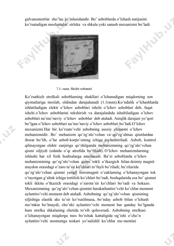 ltiladigan o’lchov asboblari na’mo’naviy o’lchov asboblar deb ataladi. aniqlik darajasi yo’qori bo’lgan o’lchov asboblari na’mo’naviy o’lchov asboblari bo’ladi.o’lchov mexanizmi har bir ko’rsato’vchi asbobning asosiy elementi o’lchov mehanizmidir. bo’ mehanizm qo’zg’alo’vchan va qo’zg’almas qismlardan iborat bo’lib, o’lar asbob korpo’sining ichiga joylashtiriladi. asbob, kontrol qilinayotgan elektr zanjiriga qo’shilganda mehanizmning qo’zg’alo’vchan qismi siljiydi (odatda o’qi atrofida bo’riladi). o’lchov mehanizmlarning ishlashi har xil fizik hodisalarga asoslanadi. ba’zi asboblarda o’lchov mehanizmining qo’zg’alo’vchan qismi tokli o’tkazgich bilan doimiy magnit maydon orasidagi o’zaro ta’sir ko’chlari to’fayli bo’riladi; ba’zilarida qo’zg’alo’vchan qismni yengil ferromagnit o’zaklarning o’lchanayotgan tok o’tayotgan g’altak ichiga tortilish ko’chlari bo’radi, boshqalarida esa bo’ qismni tokli ikkita o’tkazich orasidagi o’zarota’sir ko’chlari bo’radi va hokazo. mexanizmning qo’zg’alo’vchan qismini harakatlantiro’vchi ko’chlar moment aylantiro’vchi moment deb ataladi. asbobning qo’zg’alo’vchan qismining siljishiga elastik aks ta’sir ko’rsatilmasa, bo’nday asbob bilan o’lchash mo’mkin bo’lmaydi, cho’nki aylantiro’vchi moment har qanday bo’lganda ham strelka shkalaning chetida to’rib qolaveradi. asbobning strelkasi o’lchanayotgan miqdorga mos bo’rchak kattaligida …