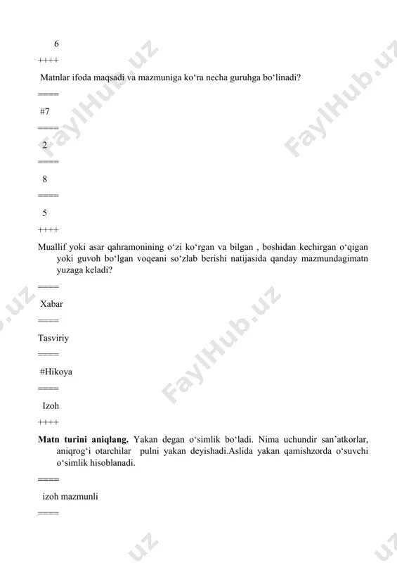 i yoritish ehtiyoji bilan yuzaga keladi ==== matn-biror mavzuni yoritishga qaratilgan qatralar ==== matn-insonning icki kechinmalarini,voqelikka munosabatini bildiradi ++++ hozirgi kunga kelib tilning eng yuqori sathi hisoblangan sintaksisni o‘rganish obyekti sifatida sintaksisni nechta turga bo‘lib ko‘rsatmoqda? ==== # 3 ==== 4 ==== 2 ==== 1 ++++ sintaksisning o‘rganish obyekti qaysilar? ==== # barchasi ==== so‘z birikmasi sintaksisi ==== gap sintaksisi ==== matn sintaksisi ++++ sintaksisning tekshiruv obyekti nima? ==== #matn ==== gap ==== so‘z birikmasi ==== badiiy matn ++++ kim matnga quyidagicha fikr beradi. matn til va nutq sintaktik sathining eng yuqori,oliy yirik birligidir.? ==== #d. moskalskaya ==== t. nikolayeva ==== a. xeykel ==== v. radlov ++++ matnga kim ―u til va nutq birliklari ichida eng mustaqilidir deb ta‘rif beradi? ==== # d. moskalskaya ==== t. nikolayeva ==== a. xeykel ==== v. radlov ++++ . matn keng ma‘noda qanday ifodalanadi? ==== # bir butun asar makroteks ==== supresintaktik butunlik ==== …