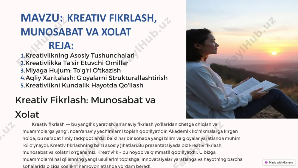 fodalaydi. lateral fikrlash lateral fikrlash muammoni boshqa burchakdan ko'rish va yangi yechimlarni topishga yordam beradi lateral fikrlash (yoki gorizontal fikrlash) — bu muammoni hal qilish yoki yangi g'oyalar yaratish uchun noan'anaviy va ijodiy yondoshuvni ifodalaydigan fikrlash usulidir. lateral fikrlashda shaxslar yoki guruhlar mavjud yondoshuvlar yoki yechimlarni chetlab o'tib, yangi, kutilmagan yo'llar orqali masalani yechishga harakat qiladilar.. kreativlikka ta'sir etuvchi omillar ichki omillar: motivatsiya, qiziqish, tajriba. tashqi omillar: muhit, resurslar, madaniyat. misol: ilhomlantiruvchi muhit, qo'llab-quvvatlovchi jamoa, o'rganish imkoniyatlari. kreativlikka ta'sir etuvchi omillar — bu insonlarning ijodiy fikrlash va yangi g'oyalar yaratish qobiliyatiga ta'sir qiluvchi turli tashqi va ichki faktorlar. kreativlik — bu o'zining noan'anaviy fikrlash, yangi g'oyalarni ishlab chiqish, yechimlarni izlash va har xil imkoniyatlarni ko'rish qobiliyatidir. kreativlikni rivojlantirish usullari miyaga hujum bu usulda guruh a'zolari o'z g'oyalari bilan bo'lishadilar va ularni birgalikda rivojlantiradilar. aqliy xaritalash bu usulda g'oyalar markaziy mavzudan tarmoqlar bilan bog'lanadi. scamper texnikasi bu usulda g'oyalarni o'zgartirish uchun …