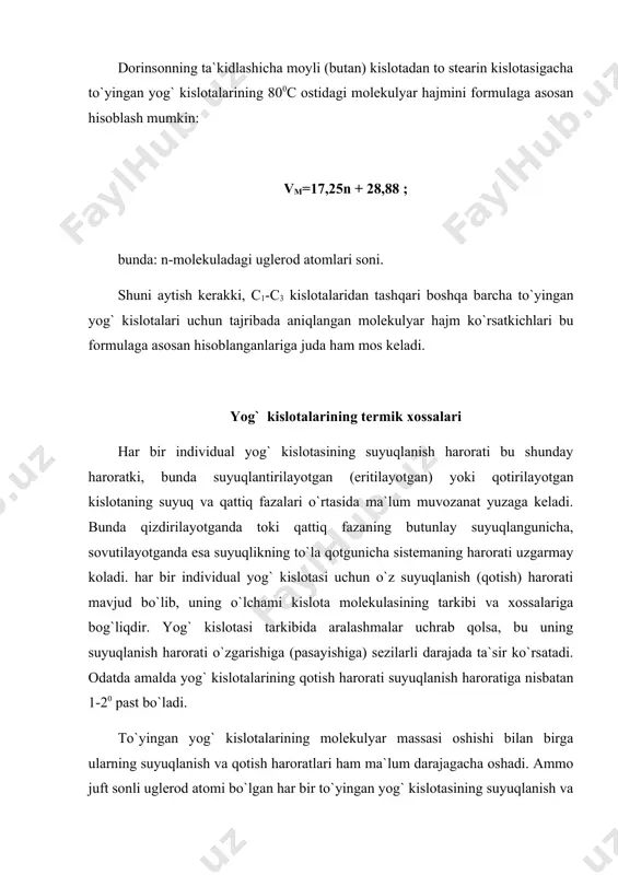 ar uchun esa q=4,0407n – 18,8 ; bunda: n – kislota molekulasidagi uglerod atomlari soni. kristallizatsiyalanish issiqligi (q) va qotish haroratlari (tk) orasida quyidagi bog`liqliklar borligi aniqlangan: juft uglerod atomli kislotalar uchun: . . tog’ uglerod atomli to`yingan yog` kislotalari uchun esa: ; bunda: tq –kel’vin graduslarida (0k) ifodalangan. ushbu formulalarga asosan tq ni bemalol hisoblasa bo`ladi. tq ni bu formulalar asosida hisoblash shuni ko`rsatadiki, juft uglerod atomli to`yingan yog` kislotalari uchun maksimal tq =115,50 c, tog’ uglerod atomli kislotalar uchun maksimal tq = 1120 c bo`lishi mumkin. uglerod zanjiri tarmoqlangan yog` kislotalarining suyuqlanish va qotish haroratlari ts va tq tarmoqlanmagan zanjirli kislotalarnikiga nisbatan past bo`ladi. masalan, 10 – metilstearin (c19 h38 o2) 110 c da suyuqlanadi. tarkibidagi uglerod atomlari soni bir xil bo`lgan to`yingan va to`yinmagan yog` kislotalari (olefin qatoridagi) suyuqlanish haroratlari taqqoslaniladigan bo`lsa, bu ko`rsatkich to`yinmagan kislota uchun past bo`ladi. uglerod atomi soni bir xil bo`lgani holda to`yinmagan …