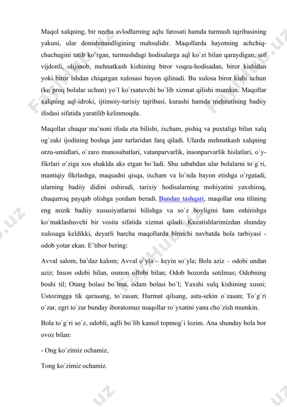 zaki qaraganda kattalar bilan bolalar, bolalar bilan kattalar o`rtasida topishmoqlar aytish, shunchaki bir ermakday tuyuladi, zerikmaslik uchun, vaqtni tez o`tkazishga qaratilganday ko`rinadi. aslida esa topishmoqlar fikr qayrovidir, ular orqali bola obrazli fikrlaydigan va obrazli so`zlaydigan bo`ladi. topishmoqlar bolada so`z boyligini orta borishiga va nutqining o`sishiga yordam qiladi. bolaga topishmoq topishni o`rgatish bilan unda fikrlashning asta-sekin yuksalishiga sabab bo`ladi. demak, xalq og`zaki ijodining eng qadimgi va eng faol janrlaridan biri topishmoqdir. topishmoqlar inson, ijtimoiy hayot va tabiat hodisalari bilan chambarchas bog`langan bo`lib, hammavaqt real voqelikka asoslanadi. unda atrofimizni o`rab turgan moddiy dunyodagi turli narsalar aks etadi. har bir topishmoq o`ziga xos shakl va mazmunga ega bo`lgan mustaqil bir asardir. unda falsafiy, tarixiy, etnografik belgilar, tushunchalar, hodisalarning mohiyati nihoyatda go`zal, obrazli ifodalar bilan aks ettiriladi. bu janr ikki kishi yoki jamoa o`rtasida berilgan jumboqli savolga javob qaytarish tarzida ijro etiladi. an’anaviy topishmoqlarning savol qismi tabiat, tabiat hodisalari, umuman har bir ob’ektga badiiy …
