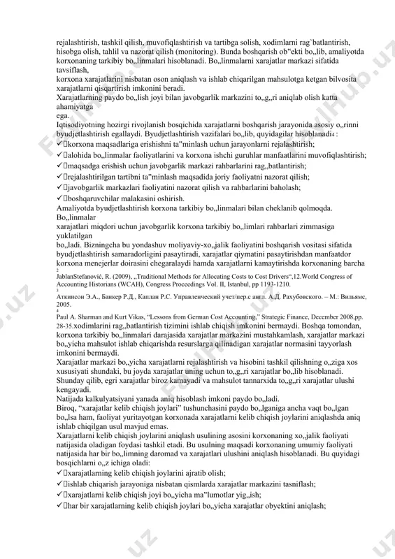 lanib turish juda muhimdir. doimiy ravishda sotuvchilar bilan aloqada bo„lish va shartnomalarni yangilash narxlarning tendentsiyasi bilan sodir bo„lishini ko„rish kerak. bu uzoq muddatli shartnomalar uchun belgilangan narxlarni tortish o„rniga eng yaxshi mavjud narxlar bo„yicha muzokaralar olib borishga yordam beradi. xarajatlarni boshqarishning ko„plab afzalliklari mavjud. jumladan: 1. xarajatlarni boshqarish loyihaning o„ziga xos narxini va umumiy biznes xarajatlarini nazorat qilishga yordam beradi. 2. xarajatlarni boshqarish bilan kelajakdagi xarajatlar va xarajatlarni osongina oldindan ko„rish mumkin, bu esa o„z navbatida kutilgan daromadlarga erishishga yordam beradi. 3. oldindan belgilangan xarajatlar biznes uchun rekord maqsadlarda saqlanishi mumkin. bu resurslar va biznes operatsiyalari maqsad va maqsadlarga erishishga qaratilganligiga ishonch hosil qilish uchun zarur bo„lgan harakatlarni bajarishga yordam berad.; 4. bu biznesning uzoq muddatli tendentsiyalarini tahlil qilishga yordam beradi. 5. bu biznesning biron bir tarkibiy qismi kutilganidan ko`proq mablag` sarflaganligini bilish uchun haqiqiy xarajatlarni byudjet bilan solishtirishga yordam beradi. 6. xarajatlarni boshqarish, xarajatlar komponentini sotib olish faktoringini amalga …