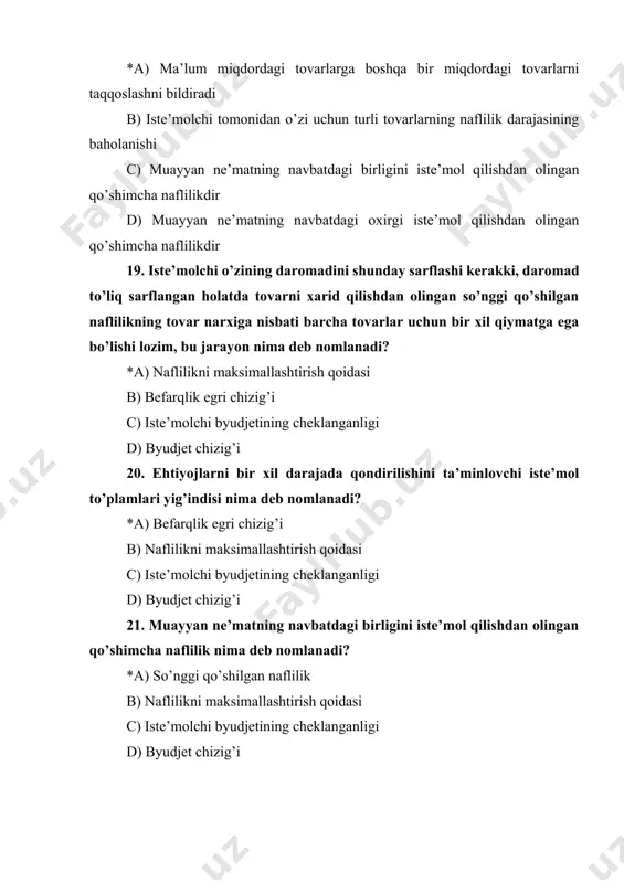 chiqarish hajmini belgilashdagi yakkahukmronlik holati hisoblanadi nima deb nomlanadi? *a) sof monopoliya b) monopoliya c) oligapoliya d) raqobat 32. tarmoqdagi bir necha yirik ishlab chiqaruvchi yoki sotuvchining narx va ishlab chiqarish hajmini belgilashdagi hukmronlik holati iqtisodiy jihatdan nima deb nomlanadi? *a) oligapoliya b) monopoliya c) raqobat d) sof monopoliya 33. erkin bozorlar resurslarni samarali taqsimlay olmaydigan holat iqtisodiy jihatdan nima deb nomlanadi? *a) bozor muvaffaqiyatsizligi b) bozor muvaffaqiyatligi c) raqobat d) sof monopoliya 34. fiyasko so’zining ma’nosi nima deb nomlanadi? *a) muvaffaqiyatsizlik b) monopoliya c) raqobat d) monopolistik 35. aholiga davlatning moliyaviy mablag'lari hisobidan bepul taqdim etiladigan tovarlar va xizmatlar to'plami nima deb nomlanadi? *a) jamoat mollari b) ijobiy tashqi ta'sir c) salbiy tashqi ta'sir d) sof monopoliya 36. ishlab chiqarilayotgan mahsulot (ish, xizmat) , foyda va daromad hajmini oshirish, mahsulot tannarxini kamaytirish, sifatsiz mahsulot ishlab chiqarishni kamaytirish yoki umuman, yo‘q qilish bilan bog’liq bo’lgan korxona faoliyatining ijobiy natijalari nima …