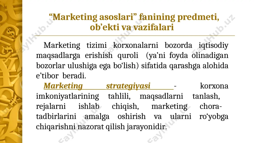 korlikda marketingni o‘rnini tavsiflab shunday deydi, ya’ni «marketing tadbirkorlikning tayanch omilidir. bu nafaqat yoqilg‘i, balki kema komandasidir». marketing elementlarining paydo bo‘lishi xix - asrning o‘rtalariga borib taqaladi. bu davrgacha tovarlarni natural ayirboshlashni turli shakllari paydo bo‘ladi, keyinchalik marketing faoliyatini birinchi elementlari, ya’ni reklama, narx, sotish kabilarni rivojlanishi kuzatildi. 1902 yildan boshlab aqshning michigan, kaliforniya va illinoys universitetlarida marketing fani kiritilib, bu muammolar bo‘yicha ma’ruzalar o‘qitila boshladi. keyinchalik marketing assotsiatsiyalari tashkil topdi. 1948 yildan boshlab marketing tovarlar va xizmatlar oqimini ishlab chiqaruvchidan oxirgi pirovard iste’molchi tomon yo‘naltirilgan xo‘jalik faoliyatini har xil turlarini amalga oshirish sifatida ko‘rina boshladi. marketing tushunchasi bozor sohasini har qanday faoliyati bilan bog‘liqdir, shu bois marketing so‘zini tarjimasi va kelib chiqishi keltiriladi (ing. market so‘zi – bozor, ing – faol, faoliyat, harakat ma’nosini anglatadi). aqsh va boshqa xorijiy davlatlar iqtisodiy adabiyotlarida marketing ta’rifini ko‘p turlari mavjuddir. eng keng tarqalgan marketing ta’rifi, u amerika marketing assotsiatsiyasi tomonidan berilgan bo‘lib, …
