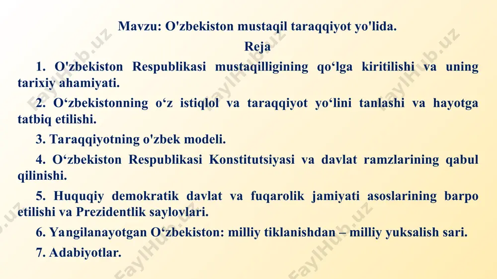 chun vaqtincha konstitutsiya rolini o‘ynaydigan bo‘ldi. ushbu qonunda o‘zbekiston mustaqil demokratik davlat deb e’lon qilindi, ma’muriy-hududiy tuzilishi, hokimiyat va boshqaruv idoralari tizimini mustaqil belgilash qonunlashtirildi. respublikaning davlat bo‘linishi hamda iqtisodiy asoslari ham qonunda o‘z aksini topdi. o‘zbekiston erishgan istiqlolni mustahkamlash uchun mamlakatda referendum o‘tkazishga qaror qilindi. 1991-yili 18-noyabrda oliy kengash viii sessiyasi o‘zbekiston respulikasi referendumini o‘tkazish to‘g‘risida qaror qabul qildi. shunga muvofiq 29-dekabrda: «siz oliy kengash tomonidan o‘zbekiston respublikasi mustaqil davlat deb e’lon qilinishini ma’qullaysizmi?» mavzuida referendum o‘tkazishga katta tayyorgarlik ko‘rildi. referendum yakuniga ko‘ra unda qatnashgan aholining 98,2 foizi o‘zbekiston mustaqilligini yoqlab ovoz berdi. “o‘zbekiston ovozi” gazetasi, 1991 yil, 1 sentabr o‘zbekiston mustaqil respublika deb e’lon qilinishi jahon jamoatchiligi tomonidan ham zo‘r qoniqish bilan kutib olindi. 24-sentabrda toshkentda xalqaro anjuman o‘tkazildi. o‘zbeklar (turkistonliklar) ning birinchi xalqaro uchrashuvida o‘zbekiston prezidenti nutq so‘zladi. 1991-yil 14-sentyabrda o‘zbekiston kompartiyasining favqulodda xxiii syezdida i.a.karimov taklifi bilan o‘zbekiston kompartiyasi kpss tarkibidan chiqqanligi e’lon qilindi. mustaqilligimizning dastlabki …