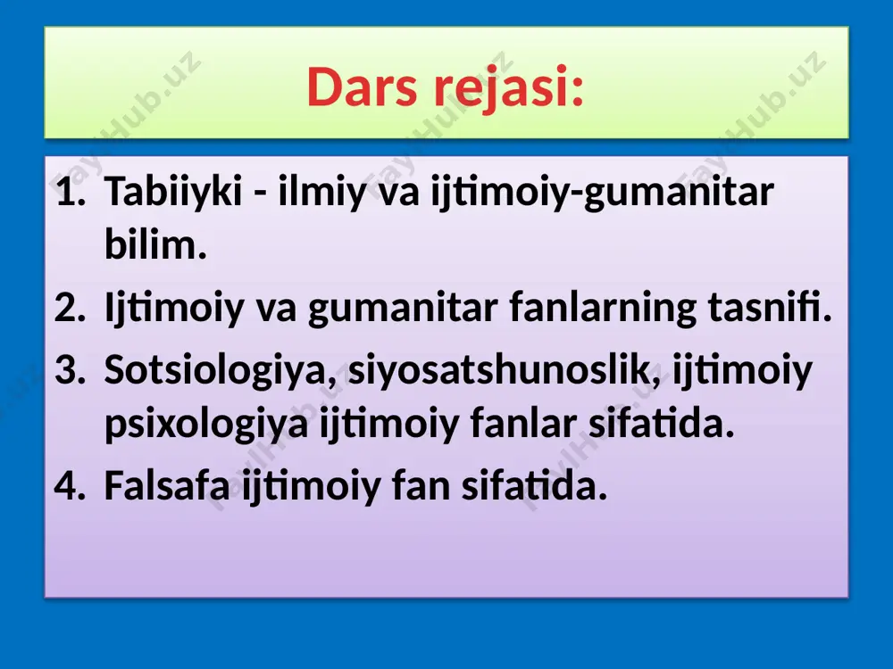 ngan madaniyat haqidagi bilimlarni yaxlit tizimga sintez qiladi, madaniyatning mohiyati, funktsiyalari, tuzilishi va rivojlanish dinamikasi haqida g'oyalarni shakllantiradi. ishlaydi ijtimoiy fanlar miqdoriy (matematik va statistik) usullar gumanitar fanlar sifatli (tavsiflovchi-baholovchi) usullar image1.jpeg image2.png image3.png