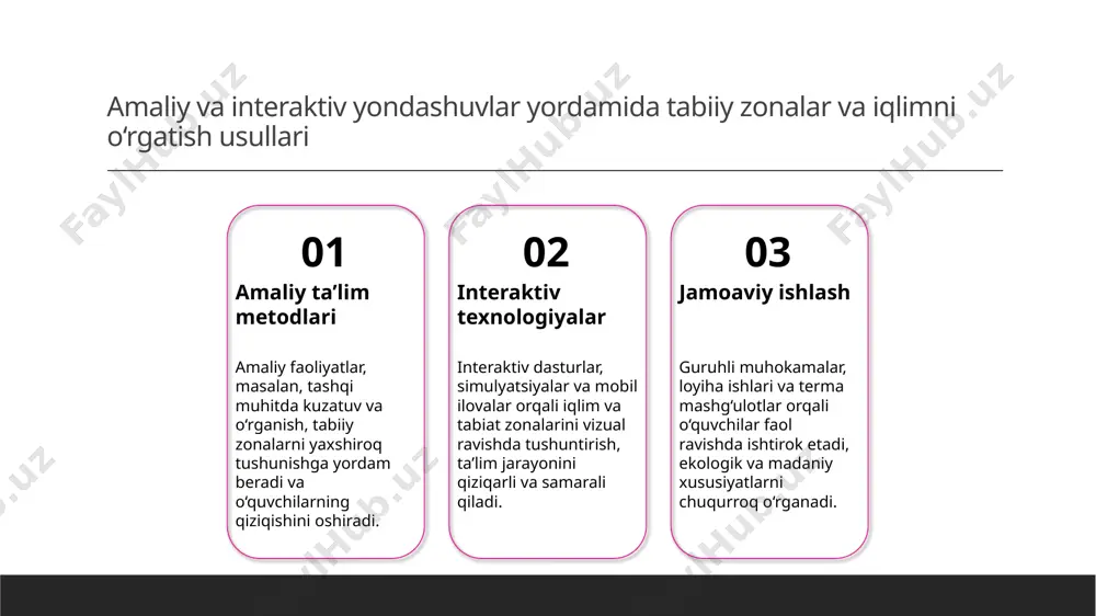 si, 2019. 4. qodirov, s. ekologik va madaniy ahamiyatga ega tabiiy zonalar bo‘yicha ta’lim metodlari. tabiat va ta’lim, 2021. 5. yusupov, b. o‘zbekiston iqlimi va tabiat zonalarini o‘rgatish bo‘yicha amaliy usullar. o‘zbekiston ta’lim markazi, 2017. e'tiboringiz uchun rahmat! /docprops/thumbnail.jpeg