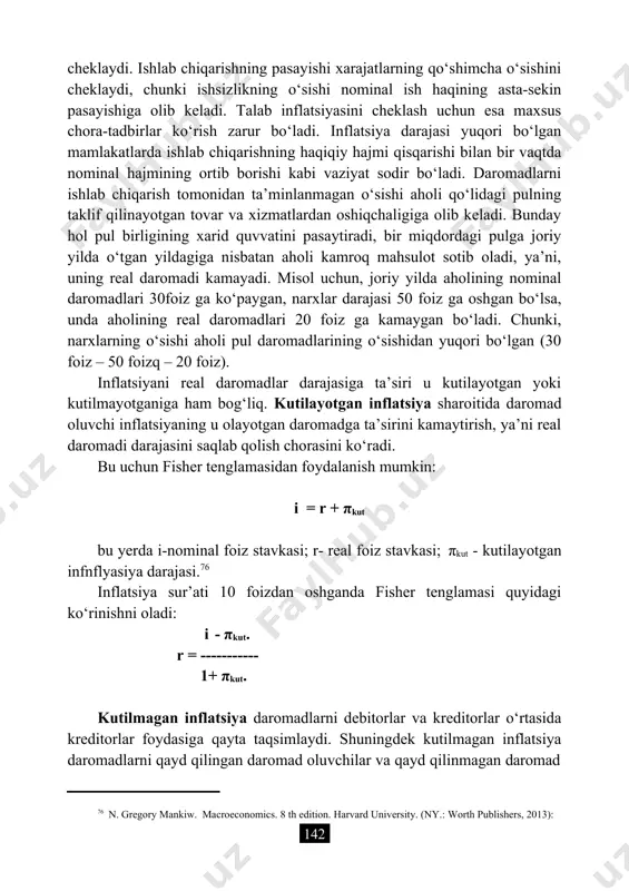 b boradi. hatto ish bilan bandlik va yaim ishlab chiqarish kamaygan yillari tovarlarning bahosi oshadi. yalpi taklif qisqarishining asosiy sababi mahsulot birligiga sarflangan xarajatlarning o‘sishi hisoblanadi. bunda nominal ish haqi, xom ashyo va yoqilg‘i narxlarining oshishi natijasida ishlab chiqarish tannarxi ham oshadi. taklif inflatsiyasining kelib chiqishiga, shuningdek, taklif mexanizmining buzilishi ham ta’sir qiladi. taklif mexanizmi esa tasodifiy holda asosiy ishlab chiqarish omillari bahosining keskin ko‘payishidan kelib chiqadi. iqtisodchi olimlarning fikriga ko‘ra, taklif inflatsiyasi o‘z-o‘zini cheklaydi. ishlab chiqarishning pasayishi xarajatlarning qo‘shimcha o‘sishini cheklaydi, chunki ishsizlikning o‘sishi nominal ish haqining asta-sekin pasayishiga olib keladi. talab inflatsiyasini cheklash uchun esa maxsus chora-tadbirlar ko‘rish zarur bo‘ladi. inflatsiya darajasi yuqori bo‘lgan mamlakatlarda ishlab chiqarishning haqiqiy hajmi qisqarishi bilan bir vaqtda nominal hajmining ortib borishi kabi vaziyat sodir bo‘ladi. daromadlarni ishlab chiqarish tomonidan ta’minlanmagan o‘sishi aholi qo‘lidagi pulning taklif qilinayotgan tovar va xizmatlardan oshiqchaligiga olib keladi. bunday hol pul birligining xarid quvvatini pasaytiradi, bir miqdordagi pulga …