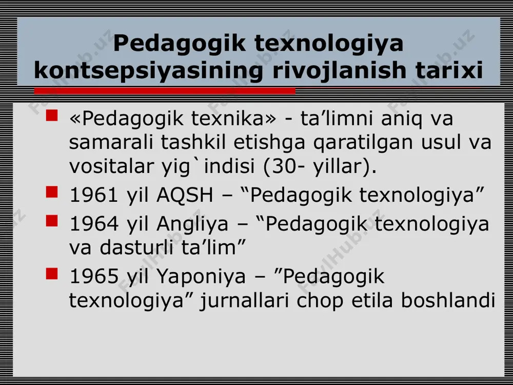 anadi: umumpedagogik texnologiya yahlit ta’lim jarayonni ifoda qiladi. xususiy metodik texnologiya bir fan doirasidagi o’quv -tarbiya jarayonini amalga oshirish metodlari va vositalaridan iborat bo’ladi. lokal (modul) texnologiya o’quv tarbiya jarayonining mahsus bo’limlariga texnologiyani tatbiq qilishni ifoda qiladi. bu texnologiya hususiy didaktik va tarbiyaviy vazifalarni hal qilishga qaratiladi. pedagogik texnologiyaning tuzilmasi. har bir pedagogik texnologiya muayyan ilmiy konsepsiyaga asoslanadi. pedagogik texnologiyaning ilmiy konsepsiyasi ta’lim maqsadlariga erishishning falsafiy, psixologik, ijtimoiy-pedagogik va didaktik asoslashlarni qamrab oladi. pedagogik texnologiyaning tuzilmasi. ta’lim jarayoni mazmuni ta’lim jarayonining umumiy va aniq maqsadlari, o’quv materiali mazmunidan iborat bo’ladi. pedagogik texnologiyaning tuzilmasi. texnologik jarayon o’quv jarayonini tashkil etish, o’qituvchi faoliyati, talaba faoliyati, o’quv jarayonini boshqarish usullari, o’quv jarayoni diagnostikasini qamrab oladi. pedagogik texnologiyalarni qanoatlantiradigan mezonlar. izchillik pedagogik texnologiyaning mezoni sifatida jarayonning mantiqiyligi, pedagogik texnologiyaning barcha qismlarining o’zaro bog’likligi, yahlitligani o’z ichiga oladi. pedagogik texnologiyaning mezonlaridan biri boshqaruvga asoslanganligidir. u o’quv jarayoni diagnostikasi, uni rejalashtirish va amalga oshirishni loyihalash, undagi …