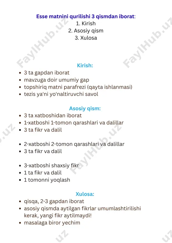 l beriladi. so'z qo'llash bilan bog'liq uslubiy xatoliklar: a) so'zni noto'g'ri qo'llash; b) so'zlami noo'rin takrorlash; c) so'zni ortiqcha qo'llash; d) so'zni tushirib qoldirish; e) bog'lovchi vositalar, kiritmalar bilan bog'liq xatolik. esse yozilishiga qo'yiladigan talablar: 1. fikr-mulohazalaringizni publitsistik uslubda bayon qiling. 2. fıkrlaringizni mantiqiy izchillikda, adabiy til me'yorlariga amal qilgan holda ifodalang. 3. bayon qilinayotgan barcha fikr-mulohazalar faqat mavzu doirasida bo'lishi lozim. esse uch tarkibiy qismdan iborat bo'lishi lozim: i. kirish. essening kirish qismini yozishda quyidagilarga amal qiling: 1) kirish qismi ikki-uch jumladan iborat bo'lishi lozim; 2) berilgan vaziyat matnini aynan ko'chirmang. ii. asosiy qism. essening asosiy qismini yozishda quyidagilarga amal qiling: 1) asosiy qism kamida uchta xatboshidan iborat bo'lishi lozim 2) har bir xatboshida tomonlarning qarashlari va shaxsiy qarashlaringizni batafsil yoriting 3) berilgan vaziyat yuzasidan turli qarashlarni hayotiy misollar bilan dalillang: 4) shaxsiy mulohazalaringizni batafsil va dalillar asosida yoriting iii. xulosa. essening xulosa qismini yozishda quyidagilarga amal qiling: 1) …