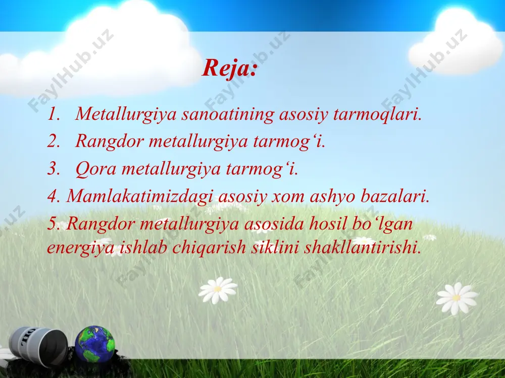 o‘rg‘oshin, rux boyitish fabrikasida boyitiladi. rux konsentrantlari kombinat tarkibidagi rux zavodida eritiladi. qo‘rg‘oshin konsentrantlari esa eritish uchun xozircha respublikadan tashqariga chiqarilmoqda. olmaliq tog‘ metallurgiya kombinatining rux va qo‘rg‘oshin sanoati bilan bog‘liq korxonalari tarkibiga sulfat kislotalari ishlab chiqaruvchi korxona xam kiradi. respublikamizda rangdor metallurgiyaning mis, rux va qo‘rg‘oshin tarmoqlarini rivojlantirish istiqbollari juda yaxshi. mis sanoatining istiqboli ishlab turgan qalmoqqir, sarichekuv konlarida hamda shu nihoyadagi dalneye, baliqti kabi konlarini ishga solish bilan cheklanmaydi. respublikaning bir qator boshqa nohiyalarida ham istiqboli mis konlari topilgan. ulardan muhimlari janubiy o‘zbekistondagi xandiza charchar, buxoro viloyatidagi qizilqum, farg‘ona vodiysi va boshqa joylardagi mis konlaridir. bu 15 dan ortiq mis konini ishga solish, mis sanoatini xom ashyo bazasini kengaytiradi, yangi boyitish fabrikalari qurish, olmaliq tog‘ metallurgiya kombinatidagi mis zavodini quvvatini oshirish imkonini beradi. o‘zbekistonda mis, qo‘rg‘oshin va rux sanoatining bir yerda joylashganligi muhim qulayliklar tug‘diradi. bu esa ularning chiqindilaridan xalq xo‘jaligida foydalanish, rangdor metallurgiya konlari o‘rtasida bog‘lanish va …
