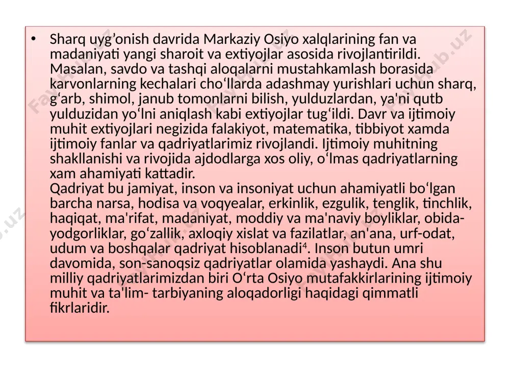 ham uchratishimiz mumkin. beruniyning ma'naviy-axloqiy qarashlari bilan bog‘liq ta'limotida mehnat, odob-axloq, ta'lim-tarbiya, kasb-hunar, ilm-ma'rifat uzviy mushtaraklikda, bir butunlikda tahlil etilgan. inson amaliy faoliyatining biron-bir sohasi ularning o‘zaro ta'sirisiz amalga oshmaydi, deb yozgani ham bejiz emas, albatta. abu rayhon beruniy insonga tabiatning gultojisi deb qarar ekan, har bir inson aql-zakovatli, yuksak axloqli, bilim-ma'rifatli bo‘lishi lozim deydi. uning hamma asarlarida inson kamoloti uning tafakkurining rivojlanishi, sog‘lom va jismonan baquvvat bo‘lishiga bog‘liqligi ta'kidlanadi. beruniyning aqliy tarbiya haqidagi qarashlari uning ilm olish, bilish jarayoni haqidagi fikrlarida o‘z ifodasini topadi. beruniy ilmiy bilimlarni egallash jarayonida o‘quvchilarni zeriktirmaslik, yangi mavzularni qiziqarli, asosli, ko‘rgazmali bayon etishni tavsiya etadi. beruniyning fikricha, aqliy tarbiyani amalga oshirishdan maqsad barkamol insonni tarbiyalashdir. u barcha salbiy illatlarning kelib chiqishidagi asosiy sabab ilmsizlik, deb tushuntiradi. beruniy o‘z asarlarida jamiyat ravnaqi ma'rifatning rivojlanishiga bog‘liq, degan g‘oyani ilgari surgan. abu rayhon beruniy tarbiya insonning go’zalligini belgilab berishini odamzod tarbiyasi bilan boshqalarda yaxshi yoki salbiy tasurot …