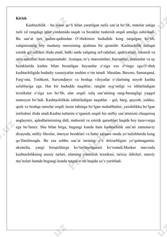 yordamida gazlama yuzasida to'g'ri chiziqlar hosil qilish orqali amalga oshiriladi. bu usul qadimdan ma'lum bo'lib, amaliy bezak san'atining ajralmas qismi sifatida keng tarqalgan. chiziqli kashtaning asosiy xususiyati shundaki, u tikuvlarning ketma-ketligi orqali chiziqsimon shakllarni yaratadi, bu esa nafaqat oddiy naqshlarni, balki murakkab dizaynlarni ham shakllantirishga imkon beradi. ushbu texnikada igna gazlama orqali oldinga va orqaga o'tkaziladi, natijada chiziqlar paydo bo'ladi, bu jarayon kashtado'zlikning boshqa turlariga asos bo'lib xizmat qiladi. chiziqli kashta, asosan, yurish tikuvli kashta deb ham ataladi, chunki tikuvlar yurishga o'xshash ketma-ketlikda bajariladi. bu usulning sodda bo'lishi uni boshlang'ich kashtachilar uchun ideal qiladi, ammo professional darajada ham keng qo'llaniladi, chunki u tez va samarali ishlaydi. chiziqli kashtaning tavsifi quyidagicha: u gazlama yuzasida ipning ketma-ket o'tkazilishi orqali hosil bo'ladi, bu esa chiziqlarning uzluksiz yoki uzilishli ko'rinishini yaratadi. ignani gazlamaning old tomonidan sanchib, orqa tomoniga o'tkazish va keyin yana old tomoniga chiqarish orqali tikuvlar shakllanadi. har bir tikuvning uzunligi va orasidagi …