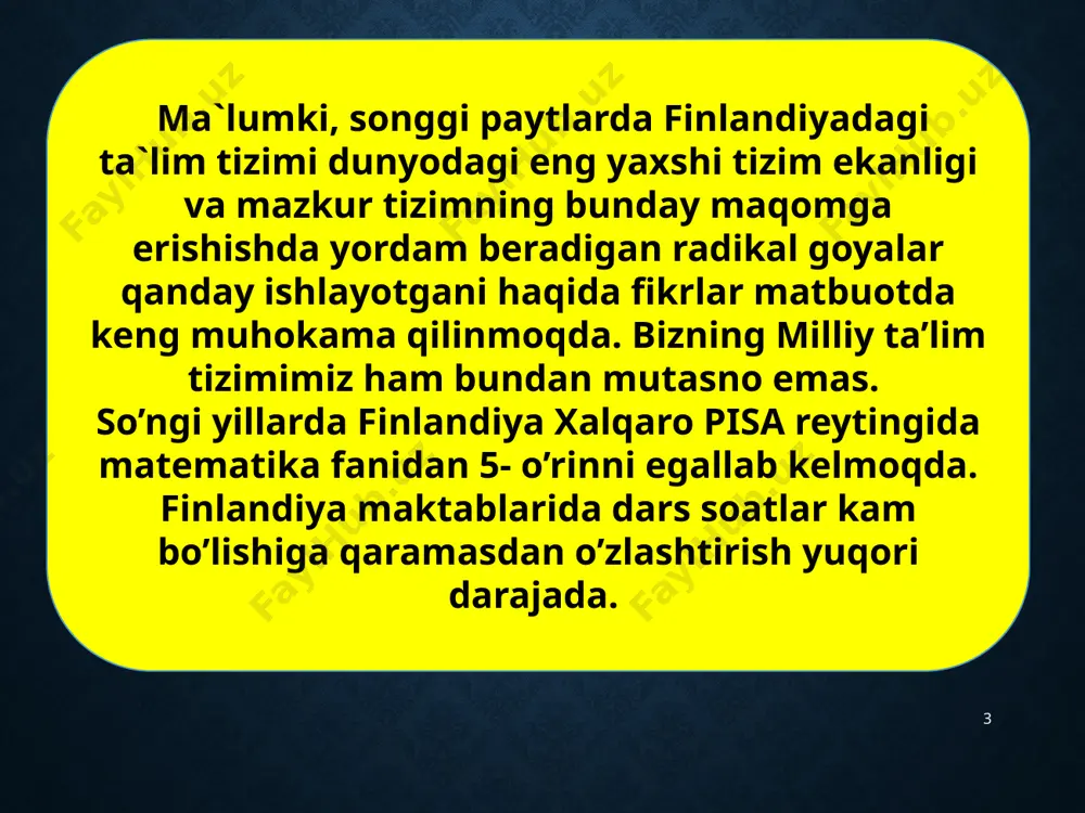 solingan davr. 1867-1885 yillarni qamrab oladi. 2. birlashuv (konsolidatsiya) davri. 1886-1916 yillarni o‘z ichiga oladi. 3. tarqalish (ekspansiya) davri. 1917-1936 yillarni o‘z ichiga oladi. 4. harbiy davr. 1937-1945 yillar. 5. zamonaviy davr. 1945dan hozirgi davrgacha ta’lim islohotlari. hozirgi zamon yapon ta’lim tizimining tarkibi quyidagicha: bolalar bog’chalari (3-5 yosh). boshlang’ich maktab (6 yil). kichik o’rta maktab (3 yil majburiy). yuqori o’rta maktab – (ixtiyoriy). oliy ta’lim tizimiga kiruvchi o’quv yurtlari (kollej, universitet). oliy o’quv yurtidan keyingi ta’lim. yaponiyada oliy ta’lim yaponiyada oliy ta’lim majburiy hisoblanadi va u kasb ta’limi bilan uzviy bog‘liqdir. oliy ta’lim tizimi quyidagi turlarni o‘z ichiga oladi: 1. to‘liq sikldagi universitetlar (4 yil). 2. tezlashtirilgan universitetlar sikli (2 yil). 3. kasb ta’lim kollejlari. 4. texnika institutlari. 11 1. maktabgacha tarbiya (3-5 yosh) muassasalariga bolalar loyoqatiga qarab 3-2-1 yillik o’quv turlariga jalb qilinadi. yaponiyada bu muassasalarning 59,9% xususiydir, 39,8 % tuman kengashlariga qarashli, 0,3% davlatga qarashlidir. 2.majburiy ta’lim (6-15 …