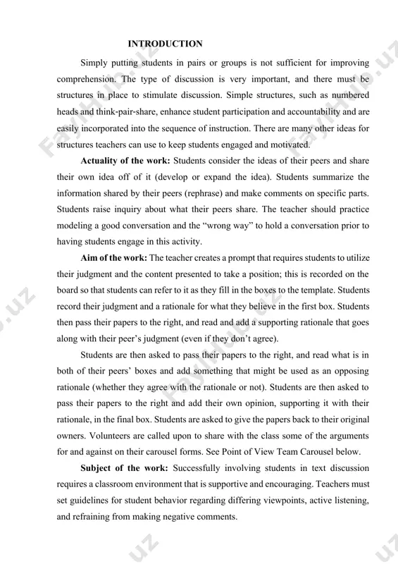 mething that might be used as an opposing rationale (whether they agree with the rationale or not). students are then asked to pass their papers to the right and add their own opinion, supporting it with their rationale, in the final box. students are asked to give the papers back to their original owners. volunteers are called upon to share with the class some of the arguments for and against on their carousel forms. see point of view team carousel below. subject of the work: successfully involving students in text discussion requires a classroom environment that is supportive and encouraging. teachers must set guidelines for student behavior regarding differing viewpoints, active listening, and refraining from making negative comments. task of the work: efferent discussions require an efferent stance which involves the process and goal of extracting information from text. as the manager of an efferent discussion, it is important that …