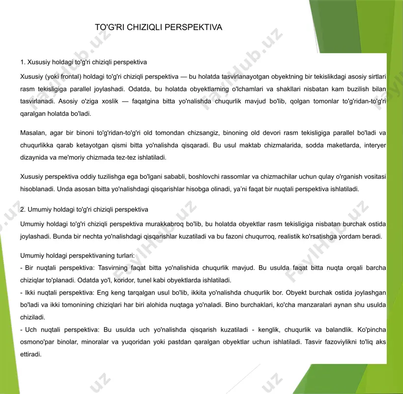 , chuqurlik va balandlik. ko'pincha osmono'par binolar, minoralar va yuqoridan yoki pastdan qaralgan obyektlar uchun ishlatiladi. tasvir fazoviylikni to'liq aks ettiradi. umumiy holdagi perspektiva fazoni maksimal realistik tarzda aks ettirish uchun xizmat qiladi. bu rassomchilikda, arxitektura, video o'yinlar dizayni va 3d modellashtirishda keng qo'llaniladi. 3. ko'rish maydoni ko'rish maydoni — bu rasmni chizayotgan shaxsning ko'zidan boshlab obyektlarga qarab cho'zilgan fazoviy maydon bo'lib, tasvirda ko'rinadigan barcha elementlar shu maydon ichida joylashadi. ko'rish maydoni obyektlar va kuzatuvchi orasidagi masofa, kuzatuv burchagi hamda rasm tekisligiga nisbatan obyektning joylashuvi bilan belgilanadi. ko'rish maydonining asosiy qismlari: - gorizontal chiziq (ko'z balandligi): bu chiziq kuzatuvchining ko'z balandligiga mos keladi va unda yo'nalish nuqtalari joylashadi. - ko'rish markazi: tasvir markazi bo'lib, ko'zni birinchi bo'lib o'ziga jalb qiladi. - yo'nalish nuqtalari: chiziqlar ushbu nuqtalarga qarab qisqaradi. - ramka (kadr): rasm ko'rsatiladigan doira yoki to'rtburchakli chegara. u orqali ko'rish chegaralari belgilanadi. ko'rish maydoni to'g'ri tashkil etilmasa, tasvir xatolik bilan …