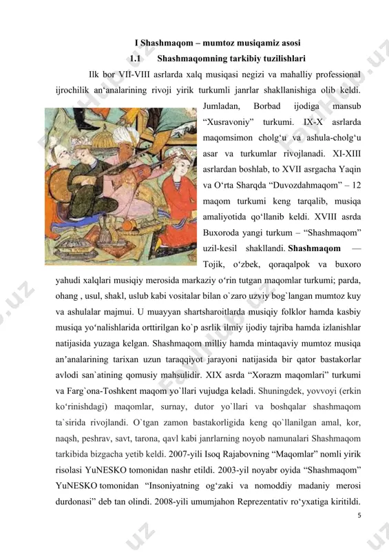 alar yaratdilar. ____________ 2'manbalarga ko'ra, o'n ikki maqom yilning o'n ikki burji (oyi) bilan bog'liq ekani, 24 sho"ba esa kunning 24 soatiga bog'langan holda ishlangani haqida aytiladi. har bir maqomning chalinish vaqti ham bir sutkaning 12 qismiga bo'lib ko'rsatilgan ekan. qarang: ishoq rajabov. «maqomlar masalasiga doir». toshkent, 1963. 97-bet. oltita maqomdan birinchisi «buzruk» nomi bilan mashhur bo`lib kelgan. bu maqom haqidagi ma’lumotlar juda qadim zamondan beri, musiqa ilmiy risolalarida sharhlab kelingan edi. o`tmish olimlarining musiqiy risolalarida buzruk muayyan lad tuzilmasini va unga mos kuy va ashulalarni ifodalagan. buzruk maqomining jonli namunalarini bizgacha shashmaqom tarkibidagi kuy va ashula yo`llari orqali ma’lumdir. «buzruk» iborasi forscha-tojikcha «buzrug» so`zining o`zgargan shakli bo`lib, «katta», «ulug`» ma’nolarini bildirada. har holda bu naqom juda ko`p kuy va ashula yo`llarini o`z ichiga olganligi uchun «katta», «ulug` maqom» - deb nomlangan bo`lsa kerak. buzrukning asosiy qismlari re – miksolidiy va doriy ladlariga mos keladi. maqomlar ijrosida yetakchi soz sanalgan …