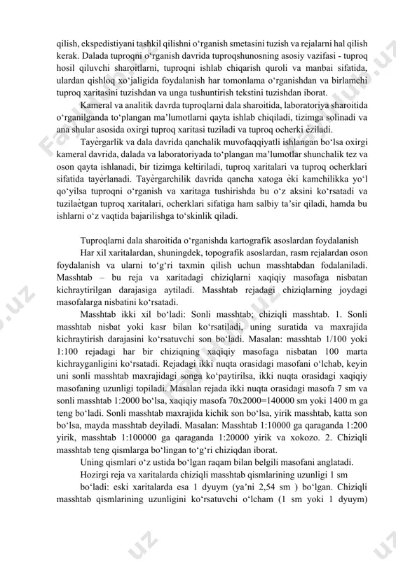 shni to‘g‘ri joriy qilishda. 6. tuman, viloyat, respublika tuproq xaratalarini tuzishda. 4. qishloq xo‘jaligini ixtisoslashtirish va rejalashtirish hamda ko‘plab qishloq xo‘jalik tajribalari uchun. bizga maʼlumki, tuproq xaritasi maʼlum masshtabda tuziladi. tuproq xaritalarining masshtabiga qarab guruhlarga ajratiladi: 1-umumiy tushuntiruvchi xarita. 1:2500000 2-mayda masshtabli. (mashtabdagi) 1:300000. 3-o‘rta masshtabdagi. 1:300000-1:100000. 4-yirik masshtabdagi. 1:50000-10000 5-aniq xaritalar. 1:5000-1:200. 1. umumiy tushuntiruvchi xarita 1:2500000. tip va tipchalar beriladi (fermer xaritalari). 2. mayda masshtabdagi 1:300000 (respublika, viloyat va tumanlar) bunda tuproq tiplaridan tashqari q.x. raѐnlashtirilganligi, yer maydonlari hisobi, qishloq xo‘jalik ekinlarini raѐnlashtirilganligi berilishi bilan biri qatorda tip, tipchalar va ularni aralashmalari haqida beriladi va ko‘p tarqalgan tip xaqida maʼlumot beradi. 3. o‘rta masshtabdagi xaritalari 1:300000 - 1:100000. bu masshtabdagi xaritalar viloyat, tuman miqѐsida tuzilib mineral o‘g‘itlari, meliorativ ishlarni amalga oshirishlari rejalashtirishga ѐrdam beradi. bu masshtabdagi xaritada tuproq tip, tipchalardan tashqari tip turlari haqida ham maʼlumot beradi. asosan yirik masshtabdagi xaritalarni umumlashtirib tuziladi. 4. yirik masshtabdagi xaritalar 1:50000 …