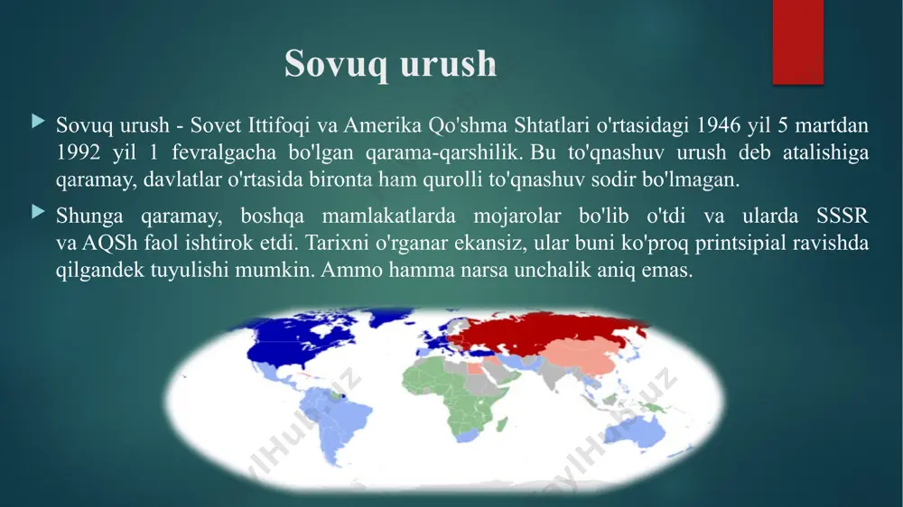 tifoqi ham boshqa davlatlarning siyosati va rejimlariga bir-birining ta'sirini kuchaytirishdan qo'rqardi. bu ta'sir doiralari va yagona super kuch maqomi uchun kurash edi. iqtisodiy sabablar davlatlarning iqtisodiy imkoniyatlari ham siyosiy qarorlar, g'alaba va mag'lubiyatlarga bog'liq. do'st mamlakatlar o'rtasida barcha turdagi iste'mol uchun xom ashyo va tayyor mahsulotlar almashinuvi mavjud. shunday qilib, sssr va aqsh o'rtasidagi kurash o'zlarining va boshqa xalqlarning resurslarini ayirboshlash bozorlari uchun ham kurash olib bordi. tashqari, boshqa davlatlarning hududlarini nazorat qilish orqali ularning resurslari, jumladan, neft, gaz va foydali qazilmalar kabi muhim resurslar ham nazorat qilinadi. va agar davlat hokimiyati qaram mamlakatlarning barcha imtiyozlarini tasarruf etmasa ham, ularni hech bo'lmaganda tashqi ta'sirdan cheklaydi. tarixdagi aksariyat urushlar faqat mamlakatlar iqtisodiyotini rivojlantirish uchun olib borilgan va sovuq urush ham bundan mustasno emas edi. harbiy sabablar sssr ham, aqsh ham ikkinchi jahon urushi davrida bir tomonda kurashgan boʻlishiga qaramay , ularning mafkuralari tubdan farq qilgan, bir-biriga qarama-qarshi edi. har bir shtat …