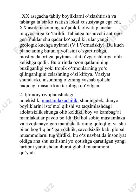 qurishi (uning sathi 3 metrga pasaydi, yana 9-13 metrga pasayishi va sho‘rlanishning 10 marta ortish kutilmoqda), - havoning halokatli tarzda ifloslanishi, xususan yirik shaharlarda (parij, madrid, rio-de-janeyro, tokio, sidney, toronto, london, tegeran, bangkok, nyu-york va boshqalar); giloballashuv belgilari bu jarayon inson hayotining barcha jabhalariga ta'sir ko'rsatdi. globallashuvning asosiy omillari: 1. milliy davlatlarning zayıflaması. 2. nato, bmt kabi jahon tashkilotlarining paydo bo'lishi va ularning kuchini oshirish. 3. globallashuv jarayoniga qiziqqan kishilar uchun bu erkin savdo, kapital harakatlari va soliqlarning kamayishi shakllanishidir. 4. reklama taraqqiyoti. 5. eksport va import hajmini oshirish. 6. qimmatli qog'ozlar birjasining aylanmasi. 7. turli qit'alarda joylashgan korxonalarni birlashtirish. 8. madaniyatlarni birlashtirish, xalqaro tilning paydo bo'lishi. 9. xalqaro turizmni rivojlantirish. globallashuvning tarozi va kamchiliklari butun dunyodagi siyosatchilar va olimlar bu jarayonning odamlarning hayotidagi o'rni haqida bahslashmoqda. biroq globallashuvning ijobiy va salbiy tomonlarini inkor eta olmaydi. ha, u xalqaro raqobatni yuzaga keltirdi va bu kompaniya o'z mahsulotlarining sifatini yaxshilashga, texnik …