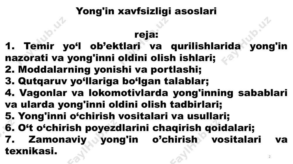 zom // o‘zr vm sining 2016 yil 10 iyundagi 200-son qarori; 6. шнк 2.04.09-2007. пожарная автоматика зданий и сооружений. госкомитет руз по архитектуре и строительству. ташкент, 2007; 7. shnq 2.01.02-2004. binolar va inshoatlarning yong‘in xavfsizligi. o‘zr davlat arxitektura va kurilish qo‘mitasi. toshkent, 2004. 3 2019 yilning o‘tgan olti oyida yurtimizda: 5 ming 772 ta yong'in sodir bo‘lgan; ikki yuz nafar kishi tan jarohati olgan; 74 nafar fuqaro olamdan o‘tgan; yong'inlarning 70 foizi aholi yashash joylarida, xonadonlarda sodir bo‘lgan; asosiy sabablari: nosoz va qo‘lbola gaz qurilmalaridan foydalanish; yaroqsiz elektr moslamalaridan foydalanish; yaroqsiz isitish uskunalaridan foydalanish; xavfsizlik qoidalariga rioya etmaslik; spirtli ichimliklar iste'mol qilib hushyorlikni yo‘qotish. 4 yong'in — odamlarning hayoti va (yoki) sog‘lig‘iga, yuridik va jismoniy shaxslarning mol-mulkiga, shuningdek atrof tabiiy muhitga zarar etkazadigan, nazorat qilib bo‘lmaydigan yonish; yong'in nazorati — yong'in xavfsizligi talablariga rioya qilinishini tekshirish va tekshiruv natijalari bo‘yicha chora-tadbirlar ko‘rish maqsadida belgilangan tartibda amalga oshiriladigan faoliyat; yong'inlar profilaktikasi …