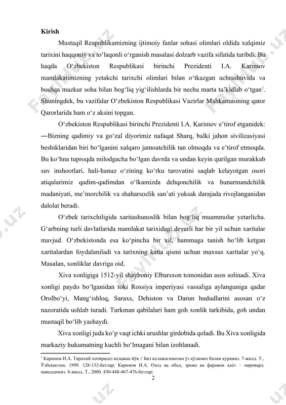 andchilik madaniyati, me’morchilik va shaharsozlik san’ati yuksak darajada rivojlanganidan dalolat beradi. o‘zbek tarixchiligida xaritashunoslik bilan bog‘liq muammolar yetarlicha. g‘arbning turli davlatlarida mamlakat tarixidagi deyarli har bir yil uchun xaritalar mavjud. o‘zbekistonda esa ko‘pincha bir xil, hammaga tanish bo‘lib ketgan xaritalardan foydalaniladi va tarixning katta qismi uchun maxsus xaritalar yo‘q. masalan, xonliklar davriga oid. xiva xonligiga 1512-yil shayboniy elbarsxon tomonidan asos solinadi. xiva xonligi paydo bo‘lganidan toki rossiya imperiyasi vassaliga aylanguniga qadar orolbo‘yi, mang‘ishloq, saraxs, dehiston va darun hududlarini asosan o‘z nazoratida ushlab turadi. turkman qabilalari ham goh xonlik tarkibida, goh undan mustaqil bo‘lib yashaydi. xiva xonligi juda ko‘p vaqt ichki urushlar girdobida qoladi. bu xiva xonligida markaziy hukumatning kuchli bo‘lmagani bilan izohlanadi. xiva xonligi markazlashgan hokimiyat va eng katta chegaralarga o‘zbeklarning qo‘ng‘irot urug‘idan chiqqan (qo‘ng‘irot urug‘i xiva taxtini 1770-yil qo‘lga kiritgan edi) muhammad rahimxon i davrida erishadi. muhammad rahimxon xivaga doimiy bo‘ysunuvchi hududlardan tashqari sirdaryoning quyilish qismi va qoraqalpoqlarning qo‘ng‘irot …