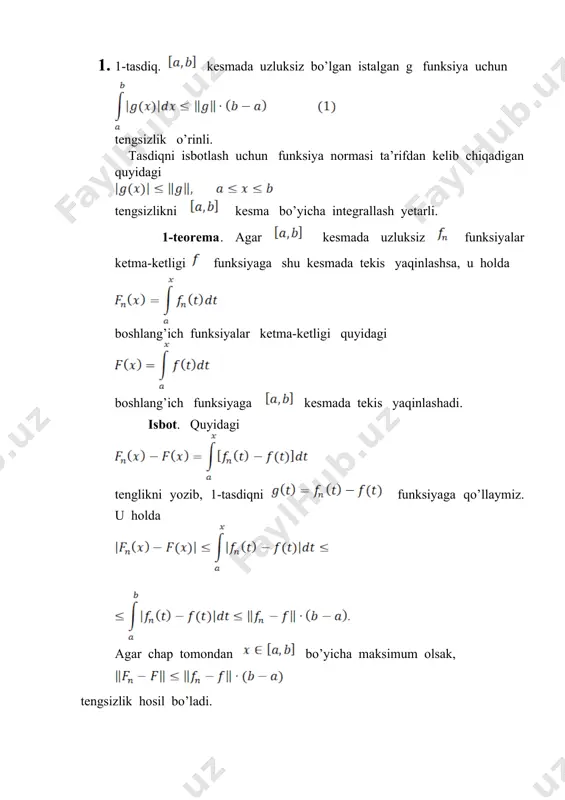 bir nuqtasida nolga yaqinlashsin: u holda istalgan ketma-ketlik uchun tenglik o’rinli. isbot. (5) tenglik bajarilmasin deb faraz qilaylik. u holda , (4) shartga ko’ra funksiyalar manfiy bo’lmaganligi sababli, shunday musbat son o’suvchi nomerlar ketma-ketligi topiladiki, tengsizlik bajariladi. ravshanki, ketma-ketlik chegaralangan va demak, bolsano-veyershtrass teoremasiga asosan, uning biror qism ketma-ketligi yaqinlashuvchi bo’lib, bu ketma-ketlikning limit nuqtasi kesmaga tegishli bo’ladi. bundan tashqari, (4) kamayuvchilik shartiga ko’ra , istalgan n nomer uchun bo’lganda tengsizlik o’rinli. endi deb limitga o’tib, ni va funksiyaning uzluksizligini hisobga olsak, tengsizlikka ega bo’lamiz. hosil bo’lgan tengsizlik (4) shartga ziddir, chunki bu shartga ko’ra, da bo’lishi lozim. 3-teorema ( u.dini). faraz qilaylik, kesmada uzluksiz funksiyalar ketma-ketligi n bo’yicha monoton o’suvchi, ya’ni bo’lib, shu kesmaning har bir nuqtasida yaqinlashsin. agar limit funksiya kesmada uzluksiz bo’lsa, u holda yaqinlashish shu kesmada uzluksiz bo’ladi. isbot. quyidagi munosabatni isbotlash yetarli. demak, agar desak, munosabatni ko’rsatishimiz zarur. shartga ko’ra, funksiyalar uzluksiz bo’lib, ular manfiy …