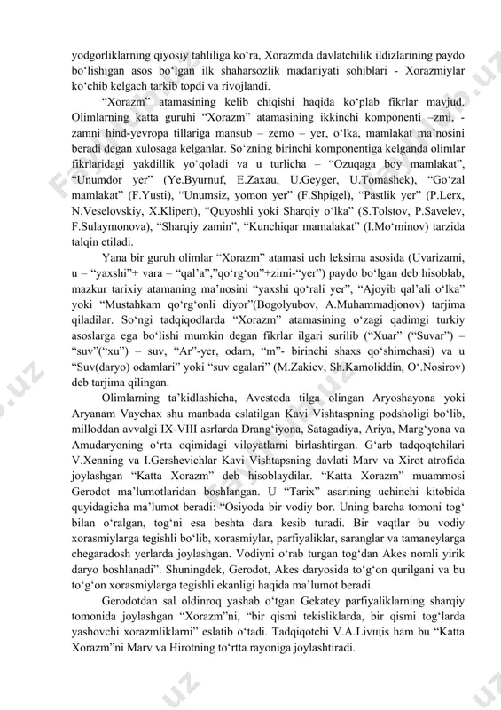 tabiiy-geografik joylashuv va shart-sharoitlarga qarab turlicha bo‘lgan. manzilgohlarning soni va o‘zlashtirilgan yerlarning umumiy maydoniga qarab madaniy-xo‘jalik vohalar bir nechta guruhlariga bo‘lingan. vohalarning chegaralari sug‘orma dehqonchilik hududlari va sug‘orish tarmoqlarning chegaralari bilan uzviy bog‘liq edi. tarixiy tahlil shuni ko‘rsatadiki, ko‘p hollarda davlatchilik jamiyatning ichida, o‘z ichki qonuniyatlari asosida paydo bo‘ladi va rivojlanadi. shakllana boshlagani 3,5 ming yildan kam emasligi ilmiy jihatdan asoslangan baqtriya davlatchiligi buning yorqin misolidir. 2. qadimgi xorazm davlati o‘rta osiyodagi yana bir yirik davlat uyushmasi-qadimgi xorazm davlati hisoblanadi. “katta xorazm” va “qadimgi xorazm” masalasi bo‘yicha o‘zbekistonlik va xorijlik ko‘plab olimlar turli-tuman tadqiqotlar olib borgan bo‘lsalarda bu masalalar hamon tadqiqotchilarning bahs-munozaralariga sabab bo‘lib kelmoqda. avesto va yunon-rim tarixchilari ma’lumotlari bu munozaralarning asosini tashkil etadi. undan tashqari, o‘tgan asrning 50-60 yillaridan boshlab bugunga qadar olib borilgan arxeolgik tadqiqotlar natijalari ham xorazm davlatchiligi tarixi bo‘yicha boy materiallar berdi. avvalo, so‘ngi yillardagi ibtidoiy davr yodgorliklarining qiyosiy tadqiqotlaridan (x.matyakubov) xulosa chiqaradigan bo‘lsak, xorazm …