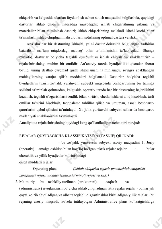 ; moddiy texnika ta’minoti rejasi va sh.k.) 2. ma’muriy · bu tashkiliy tuzilmani (strukturani) saqlash va (administrativ) rivojlantirish bo’yicha ishlab chiqiladigan tatik rejalar rejalar · bu har yili qayta ko’rib chiqiladigan va albatta tegishli o’zgartirishlar kiritiladigan yillik rejalar · bu rejaning asosiy maqsadi, ko’zda tutilayotgan administrative plans ko’rsatgichlarga erishish uchun qanday tarzdagi va sondagi tashkiliy tuzilmani tuzish lozimligini aniqlab olish 3. strategik rejalar · bu biznesni va tashkiliy tuzilmani belgilash, aniqlab olish bo’yicha tuziladigan bosh rejalar · bu rejalar alohida ehtiyoj bo’lmasa qayta tuzilmaydi strategic plans (yangi texnologiyalarni joriy qilish; yangi bozor va xaridorlarni jalb qilish va sh.k.) dasturlar tuzish, yuqorida qayd qilinganidek rejalashtirish jaryonining muhim detallashgan qismlari hisoblanadi. d asturlar tuzish – bu strategik rejalarni amalga oshirishdagi ikkinchi bosqich – vositachidir. ! ammo, ta’kidlash joizki, rejalashtirilgan maqsadga erishish borasidagi belgilangan tadbirlar bo’yicha dastur tuzish amaliyotiga barcha xo’jalik yurituvchi subyektlarda ham yetarlicha e’tibor qilinmaydi. ba’zi xo’jalik yurituvchi subyektlarda bunga zaruriyat …