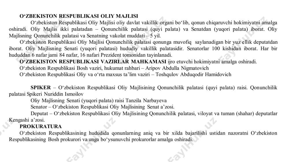 an tayinlanadi. o‘zbekiston respublikasi vazirlar mahkamasi ijro etuvchi hokimiyatni amalga oshiradi. o‘zbekiston respublikasi bosh vaziri, hukumat rahbari – aripov abdulla nigmatovich o‘zbekiston respublikasi oliy va o‘rta maxsus ta’lim vaziri – toshqulov abduqodir hamidovich spiker – o‘zbekiston respublikasi oliy majlisining qonunchilik palatasi (quyi palata) raisi. qonunchilik palatasi spikeri nuriddin ismoilov oliy majlisning senati (yuqori palata) raisi tanzila narbayeva senator – o‘zbekiston respublikasi oliy majlisining senat a’zosi. deputat – o‘zbekiston respublikasi oliy majlisining qonunchilik palatasi, viloyat va tuman (shahar) deputatlar kengashi a’zosi. prokuratura o‘zbekiston respublikasining hududida qonunlarning aniq va bir xilda bajarilishi ustidan nazoratni o‘zbekiston respublikasining bosh prokurori va unga bo‘ysunuvchi prokurorlar amalga oshiradi. o‘zbekiston respublikasi davlat bayrog‘i davlatning ramziy belgilaridan biri bo‘lmish davlat bayrog‘i maxsus qonun bilan belgilangan yoki konstitutsiya asosida rasmiylashtiriladi. o‘zbekiston respublikasi davlat bayrog‘i 1991-yil 18-noyabrda oliy kengashning vii sessiyasida tasdiqlangan. davlat bayrog‘ining uzunligi – 250 sm, kengligi – 125 sm. o‘zbekiston respublikasi davlat gerbi davlat gerbi – davlat …