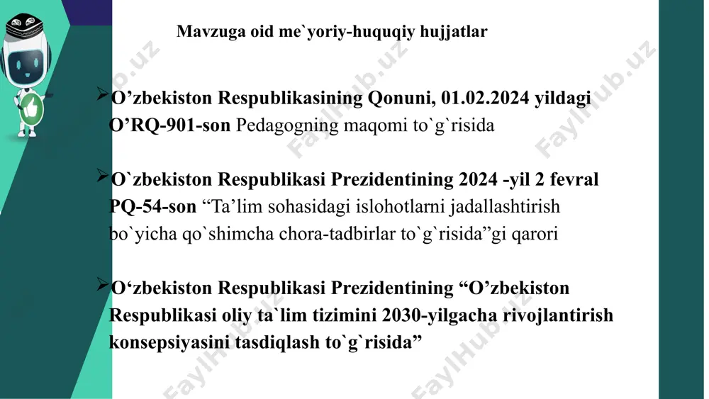 atini tekshiradi. malayziyada o`qituvchilarning faoliyati davlat tomonidan belgilangan normativlarga asoslanadi va ularning ish faoliyati davomida o`quvchilarning muvaffaqiyatlari tahlil qilinadi. qiyosiy tahlil etilganligi t/r amaldagi holat (o`zbekistonda) amaldagi holat (xorijda) takliflar 1 o`qituvchilarning faoliyatini doimiy monitoring qilish. xitoyda o`qituvchilarning faoliyati davlat tomonidan qat'iy nazorat qilinadi va ularning ish faoliyatini tekshirish uchun maxsus me'yorlar mavjud. o`qituvchilarning faoliyatini doimiy monitoring qilish 2 pedagoglarni baholash jarayonida tashkilotchilikning yetishmasligi, metodik yondashuvlar yoki tizimli muammolar koreyada pedagoglarga texnologiyalardan foydalanish va o‘quvchilarga interaktiv ta'lim berish imkoniyatlarini yaratish uchun baholash tizimi o`zgartirilgan va samarali metodlar tatbiq etilgan. innovatsion uslublarni qo`llash 3 baholash natijalarini tahlil qilish va rejalashtirish malayziyada o`qituvchilarning faoliyati davlat tomonidan belgilangan normativlarga asoslanadi va ularning ish faoliyati davomida o`quvchilarning muvaffaqiyatlari tahlil qilinadi. pedagoglarning kasbiy rivojlanishini qo`llab-quvvatlash xulosa . pedagoglarning faoliyatini tekshirish va baholash ta'lim tizimining rivojlanishi va yaxshilanishi uchun muhim vositadir. bu jarayon nafaqat pedagoglarning o`zlarini baholashga imkon beradi, balki ta'lim jarayonining samaradorligini oshirish, innovatsion yondashuvlarni …