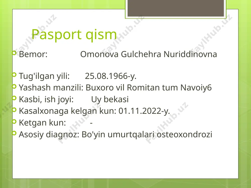 illiq qavatlari och pushti rangda toza, periferik limfa tugunlari kattalashmagan. suyak-bo'g'im sistemasi deformatsiyasiz. gavdasi normostenik. o'pkasida vezikulyar nafas, nos-18ta/min. yurak tonlari bo'g'iq, puls-80ta/min, ritmik a/b- 130/90mm.sim.ust. qorni yumshoq, og'riqsiz, jigar va taloq paypaslanmaydi. ich kelishi va diurez regulyar. nafas olish sistemasi nafas olish burni orqali ravon, nafas harakatlari ko'krak tipida, ko'krak qafasi simmetrik, silindrik. gavdasi normostenik. ko'krak qafasi palpatsiyada ovoz dirillashi va ko'krak qafasi rigidligi normada, perkussiyada aniq o'pka tovushi, o'pka chegaralari normada auskultatsiyada vezikulyar nafas nafas olish soni-18 ta/min. o'pka chegaralari o'ng chap lin. clavicularis 6 - lin. axillaris anterior 7 7 lin. axillaris media 8 8 lin. axillaris posterior 9 9 lin. scapularis 10 10 lin. paravertebralis 11 11 yurak-qon tomir sistemasi shikoyati yo'q. yurak chegaralari normada, yuqori chegarasi chapdan to'sh qirrasi bo'ylab 3qovurg'aga, chap lin. clavicularis sinistradan 1sm tashqarida, o'ng chegarasi to'sh qirrasidan 1sm ichkarida. perkussiyada yurak maydoni sohasida absolyut bo'g'iq tovush. auskultatsiyada yurak cho'qqisida, aortal klapan …