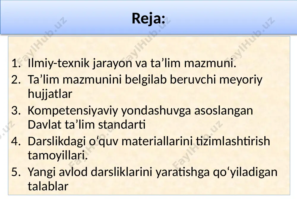 ni ilmiy asosda asoslangan faktlar asosida qurilishi lozim. har bir o‘quv predmeti bo‘yicha ta’lim mazmuni o‘sha fanning logikasi va tizimiga mos bo‘lishi kerak. ta’lim predmetlarida aloqadorlik asosida qurilishi lozim. ta’lim mazmunida nazariya bilan amaliyot aloqadorligi aks etishi kerak. ta’lim mazmuni o‘quvchilarning yosh va individual xususiyatlariga mos bo‘lishi lozim. shunday qilib ta’lim mazmuni - bu ko‘p darajali pedagogik modelning ijtimoiy buyurtmasi, bu didaktikada ta’limni mazmuniy (ichki) tomonini ifodalaydi. dixotomik yondashuv - bu tushunchani ikki qarama-qarshi, bir-birini rad qilmaydigan, ammo teng quvvatga ega qismga ajratish. paradigma - bu kasbiy faoliyat amaliyotida qo‘llaniladigan ta’limot va aniq ilmiy g‘oyalardir. «paradigma» tushunchasida urg‘u aynan «aniqlangan» so‘ziga, ya’ni ilmiy holatlar va g‘oyalar xilma-xilligiga yo‘naltiriladi. konsepsiya - bu hali qo‘llanilmagan, ammo amaliyotda o‘zlashtirilishi zarur bo‘lgan tushunishning aniq yo‘li, asosiy nuqtayi nazar, boshlang‘ich g‘oya hisoblanadi. «konsepsiya» tushunchasida asosiy so‘z mavjud paradigmani to‘ldiruvchi va rivojlantiruvchi tushunishning asosiy yo‘liga qaratiladi. ta’lim mazmunini shakllantirishning asosiy konsepsiyasi va paradigmasi ta’lim mazmuni quyidagi …