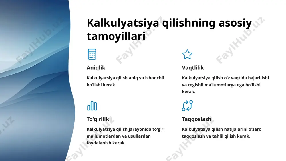 irishga imkon beradi. rivojlanishni rejalashtirish kelajakdagi loyihalarni rejalashtirish va moliyalashtirish uchun ishlatiladi. kalkulyatsiya qilish jarayonida e'tibor qaratish lozim bo'lgan jihatlar kalkulyatsiya qilish jarayonida aniqlik, to'g'ri ma'lumotlarga ega bo'lish, samaradorlik va aniq natijalarga erishishga e'tibor qaratish kerak. kalkulyatsiyaning maqsadlari aniq belgilangan bo'lishi kerak. jarayon oxirida olingan natijalar va ularning amaliy qo'llanilishi to'g'risida aniq tushuncha bo'lishi kerak. kalkulyatsiya jarayonida turli xil xatolarni oldini olish uchun tekshiruv va tahlillar o'tkazish zarur. e'tiboringiz uchun rahmat image1.png image2.png image3.png image4.png image5.png image6.png image7.png image8.png image9.png image10.png image11.png image12.png image13.png image14.png image15.png image16.png image17.png image18.png image19.png