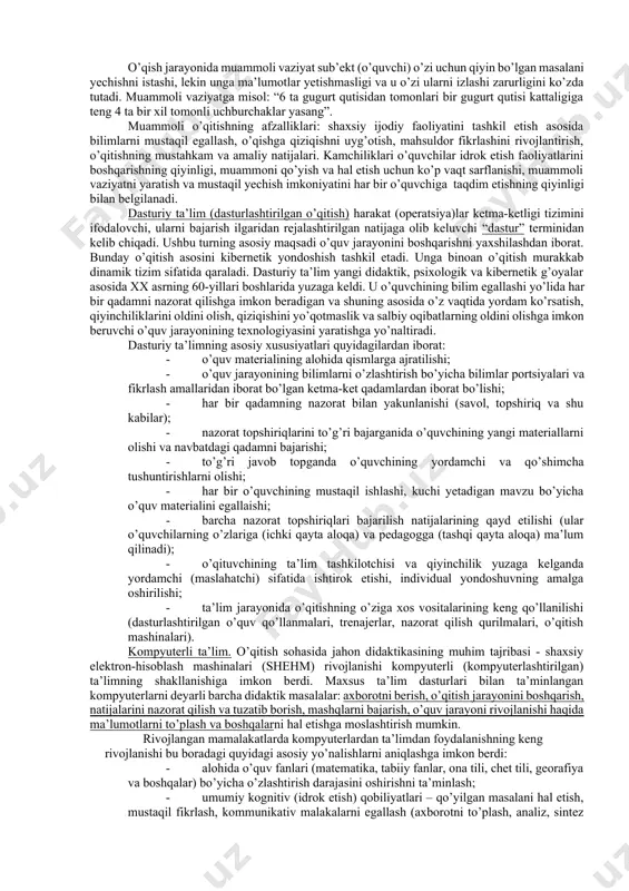 ni kiritish mumkin. bu ma’rifiy markazlarining rivojlanishi xv-vii asrlarga to’g’ri kelgan. madrasalarda o’qitish fors tillarida olib borilgan. talabalar majburiy tarzda arab tilini ham o’rganganlar. o’quv rejasiga grammatika, qur’on, hadis, ritorika, logika, metafizika, geologiya, adabiyot, huquqshunoslik kabi fanlar kirgan. o’qitish asosan og’zaki shaklda olib borilgan. biroq talabalar foydalangan o’quv adabiyotlari asta-sekin ancha ko’p qirrali, turli-tuman bo’lib boradi. maktab ta’limi erkaklar uchun mo’ljallangan. ammo har bir badavlat oila qiz bolani o’qitish uchun uyga o’qituvchini taklif etgan. dogmatik o’qitish o’rniga asta-sekin o’quv jarayonida ko’rgazmalilikni keng jalb etish natijasida tushuntirish, tushuntirish-namoyish etish kabi ta’lim shakllari qo’llanila boshlandi. ayni vaqtda respublika hududida faoliyat yuritayotgan zamonaviy ta’lim muassasalarida ta’limning eng muhim quyidagi uch turidan foydalanilmoqda: 1. tushuntiruvchi-namoyish etuvchi ta’lim (u an’anaviy yoki axborot beruvchi ta’lim ham deb ataladi); 1. muammoli o’qitish; 1. dasturlashtirilgan ta’lim yoki kompyuterli o’qitish. bugungi kunda o’rta asrda keng qo’llanilgan ta’lim turlari – dogmatik va sxolastik o’qitish elementlari ham saqlanib kelinmoqda. tushuntiruvchi-namoyil etuvchi …