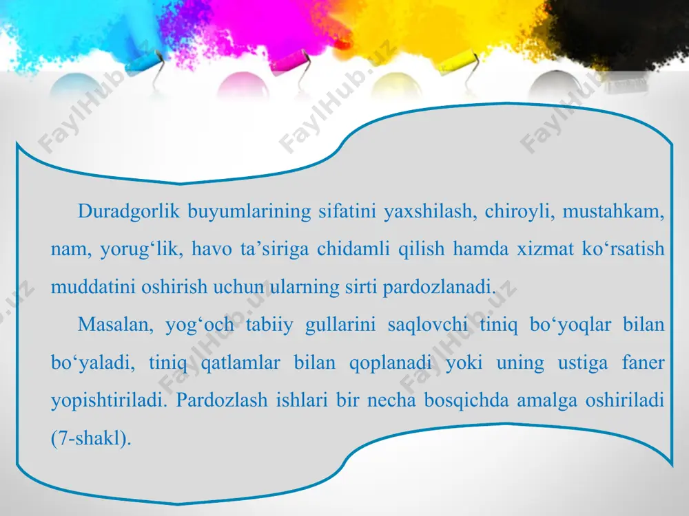 eyin bajarilishi mumkin. shpaklovka surtish va gruntovka qilishdan oldin olib boriladigan silliqlash ishlari mushranda bilan randalangan sirtlarni qirgich yoki jilvir qog‘oz yordamida qirishdan iborat. sirtlarni qirish qirgich yordamida bajariladi (44-rasm). qirish yog‘och tolalarining о‘sish yо‘nalishi bо‘yicha olib boriladi. aks holda qirgich yog‘och tolalarini kо‘chirib chiqaradi va sirtning silliqligini buzadi. pemza – och sariq rangli, yengil, g‘ovak, qattiq toshdir. pemza shpaklovkalangan va bо‘yalgan sirtlarni quruqligicha va namlab silliqlash uchun ishlatiladi (45-rasm). 3. lok va bо‘yoqlar. pardozlashning sо‘nggi bosqichi loklash va bо‘yashdan iborat. bu yо‘l bilan pardozlash materialining tiniqligi, jilolanishi, yog‘ochning tabiiy gulini о‘zgartirishiga qarab ikki turga bо‘linadi: – yog‘ochning tabiiy rangi va gulini o‘zgartirmaydigan tiniq duradgorlik pardozi; – yog‘ochning tabiiy rangi hamda gulini yo‘qotib, sidirg‘a ko‘rinishiga keltiradigan tiniqmas bo‘yoqchilik pardozi. bо‘yoqlar suvda, spirt yoki moyda eriydigan va yog‘ochning tabiiy gulini yо‘qotmagan holda rang berish xususiyatiga ega bо‘lgan moddalardir. bо‘yoqlar о‘simlik bо‘yog‘i va sun’iy bо‘yoqlarga bо‘linadi. о‘simlik bо‘yoqlari ayrim daraxt va о‘simliklardan …