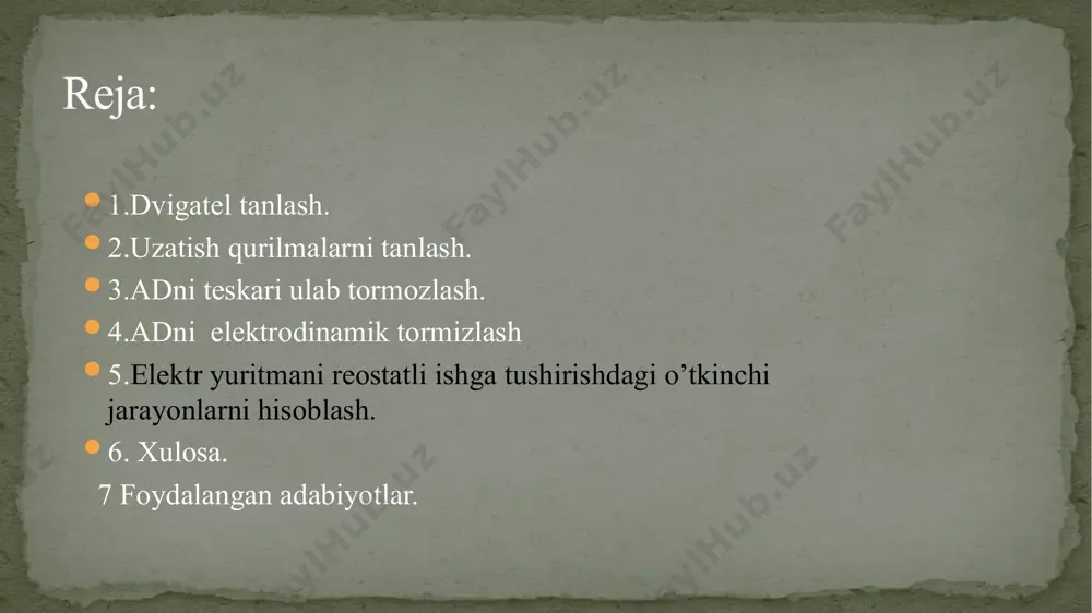 atic yuklamalarni o’zgarishidagi o’tkinchi jarayonlar ta’sir etishini yodda tutish lozim. tanlangan dvigatelni o’tkinchi jarayonlari va dinamik yuklamalari hisoblanib tekshiriladi, ya’ni m = mc + j(dω/dt) bu erda, m – dvigatel validagi moment, mc – ishchi mexanizmni static moment, j(dω/dt) – o’tinchi jarayonlarda hosil bo’ladigan dinamik moment. 6.2. dvigatel tanlash. ishchi mexanizmning yuklanish diagrammasi mc = f(t) ni 6.1-jadval kattaliklari bo’yicha quriladi. 6.1 –jadval: ishchi mexanizmining yuklanish diagrammasi a-variant mc , nm 600 500 200 600 400 650 150 ωm = 125 rad/sek t, sek 50 150 100 200 200 250 100 jm = 7 kg∙m2 elektr yuritmani ish rejimi – davomiy uzatma – 2 pog’onali reduktor, ƞr = 0,96 dvigatel turi – mq o‘td dvigatelning quvvatini ekvivalent static moment bo’yicha aniqlash mumkin = =559,2 nm 1- rasm: mexanizmni yuklanish diagrammasi. bu erda, k3 = 1,1÷1,3 yuklanish diagrammani notekisligini hisobga oluvchi koeffitsient. ishchi mexanizm validagi quvvat: pm = mc.ek∙ωm=559,2*125=69,9kvt elektrodvigatelni hisobiy …