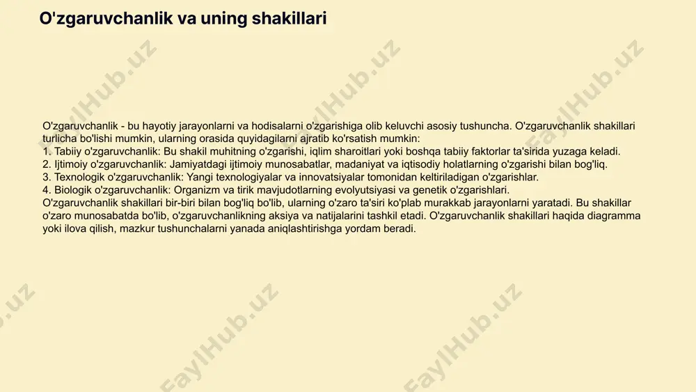 lari kelajakda ham davom etishi kutilmoqda. ijtimoiy va iqtisodiy o'zgarishlar yangi texnologiyalar, globalizatsiya va ijtimoiy talablar ta'siri ostida tezkorlik bilan sodir bo'ladi. bu o'zgarishlar, shuningdek, inson omilining roli va jamiyatni rivojlantirishda muhim ahamiyatga ega bo'ladi. prognozlar va mulohazalar 2030 yilga kelib, iqtisodiy o'zgarishlar 5% ga oshishi kutilmoqda. ijtimoiy o'zgarishlar esa, aholi talablariga qarab, 10% gacha ko'tarilishi mumkin. bu prognozlar, kelajakdagi o'zgaruvchanlik jarayonlarining ijtimoiy va iqtisodiy sohalarga ta'siri haqida fikr yuritishga imkon beradi. o'zgaruvchanlik va ijtimoiy hayot o'zgaruvchanlik ijtimoiy hayotda muhim rol o'ynaydi. u jamiyatdagi ijtimoiy strukturalar, madaniyat va qadriyatlar shakllanishida, shuningdek, insonlar o'rtasidagi munosabatlar va o'zaro aloqalar rivojlanishida katta ta'sir ko'rsatadi. o'zgaruvchanlik ijtimoiy tizimlarning moslashuvchanligini ta'minlab, yangi g'oyalar va innovatsiyalarni kiritishga yordam beradi. masalan, texnologik o'zgarishlar jamiyatda ish joylari, ta'lim tizimi va kommunikatsiyalarni yangilaydi. shuningdek, ijtimoiy o'zgarishlar tenglik va adolatni ta'minlashda ham muhim ahamiyatga ega, chunki ular ijtimoiy normativlar va qadriyatlarni yangilashga olib keladi. ijtimoiy o'zgarishlar ijtimoiy o'zgarishlar - bu …
