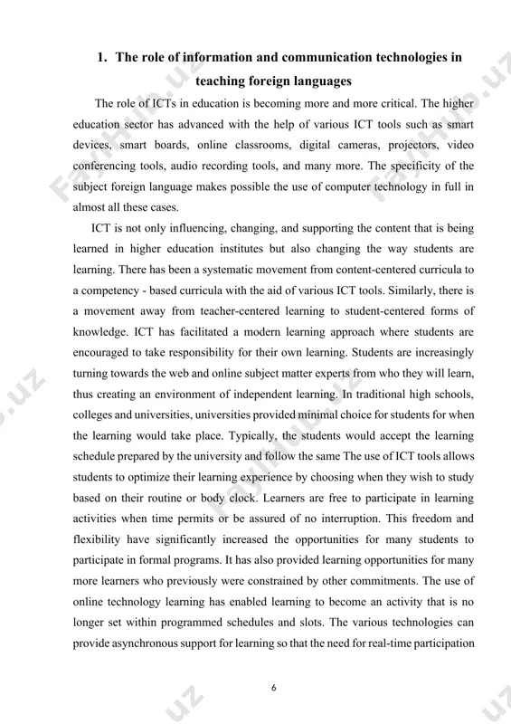 vironment of independent learning. in traditional high schools, colleges and universities, universities provided minimal choice for students for when the learning would take place. typically, the students would accept the learning schedule prepared by the university and follow the same the use of ict tools allows students to optimize their learning experience by choosing when they wish to study based on their routine or body clock. learners are free to participate in learning activities when time permits or be assured of no interruption. this freedom and flexibility have significantly increased the opportunities for many students to participate in formal programs. it has also provided learning opportunities for many more learners who previously were constrained by other commitments. the use of online technology learning has enabled learning to become an activity that is no longer set within programmed schedules and slots. the various technologies can provide asynchronous support for learning so …