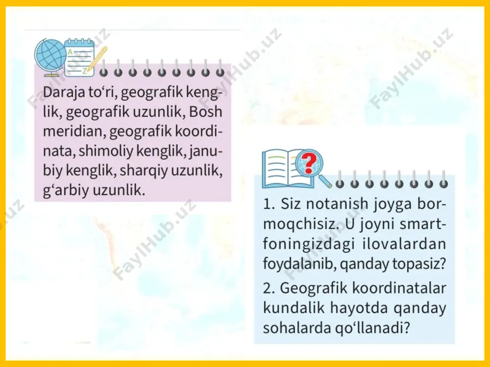 eb bosh meridiandan berilgan nuqtagacha bo‘lgan parallel yoyining daraja (gradus) hisobidagi uzunligiga aytiladi (27-rasm). london shahri yaqinidagi grinvich rasadxonasidan o‘tgan meridian bosh meridian deb qabul qilingan. grinvich rasadxonasi grinvich rasadxonasi va bosh meridianga o ‘rnatilgan belgi. geografik uzunlik shu meridiandan parallellar bo‘ylab sharq va g‘arb tomonlarga daraja (gradus) birligida hisoblab boriladi. geografik uzunlik 0° dan 180° gacha hisoblanadi. 0° li meridian (bosh meridian) dan g‘arb tomondagi nuqtalar g‘arbiy uzunlik, sharq tomondagilari sharqiy uzunlik deyiladi (10- va 11-rasmlar). geografik kengliklar globusda parallellarga bosh meridian yoniga yozib qo‘yilgan darajalar yordamida aniqlanadi. geografik uzunliklar esa ekvator chizig‘i ustiga yozib qo‘yilgan darajalar yordamida bilib olinadi. geografik xaritalarda geografik kenglik darajalari xaritalarning chap va o‘ng chekkasidagi ramkasi (chiziqlar) yoniga, geografik uzunliklar darajalari xaritalarning yuqori va pastki chekkasidagi meridian chiziqlar yoniga yozib qo‘yiladi. yer yuzasidagi har bir nuqtaning kenglik va uzunligi uning geografik koordinatasi deb ataladi. masalan, toshkentning geografik koordinatasi 41° shimoliy kenglik va 69° sharqiy …