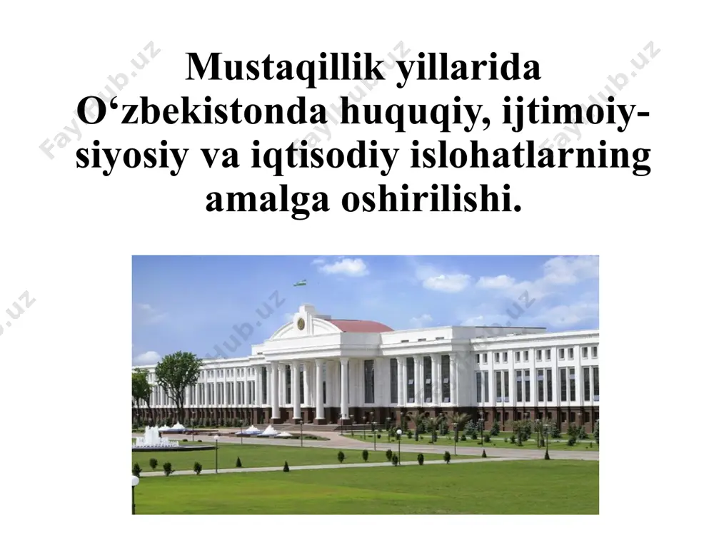yev 8-sentyabr 2016 14-dekabr 2016 oʻzlidep 1 14-dekabr 2016 2023-iyul 2023 24-oktyabr 2021 hozirgi kunga qadar oʻzlidep o’zbekiston tarixi 2016-yil 2-sentabrda islom karimov og‘ir xastalik tufayli vafot etdi. 22.05.2024 9 2016-yil 4-dekabrda o‘zbekiston konstitutsiyasi asosida prezidentlik saylovi o‘tkazildi. unda 88,61 % ovoz bilan bosh vazir shavkat mirziyoyev prezident etib saylandi. shavkat mirziyoyev o‘zbekiston respublikasi oliy majlisi. 22.05.2024 10 demokratik tamoyillar va o‘zbekiston respublikasi konstitutsiyasining uchinchi tamoyili – davlat hokimiyatining uch tarmoqqa bo‘linishi nuqtayi nazaridan o‘zbekiston davlat hokimiyati tizimi qonun chiqaruvchi, ijro etuvchi va sud hokimiyatlariga bo‘linishi qonunlashtirildi. prezident oliy majlis vazirlar mahkamasi sud o‘zbek parlamentarizmi tarixiga nazar solsak, 1990–1994-yillarda mamlakatimiz parlamenti oliy kengash nomi bilan atalib, 150 deputatdan iborat edi. 22.05.2024 11 1995–2004-yillarda oliy majlis nomi bilan atalgan 250 deputatdan iborat bir palatali parlament shakllantirildi. 22.05.2024 12 2005-yildan boshlab mamlakatimiz tarixida ilk bor o‘zbekiston respublikasi oliy majlisi ikki palatadan – qonunchilik palatasi (quyi palata) va senatdan (yuqori palata) iborat tarzda …