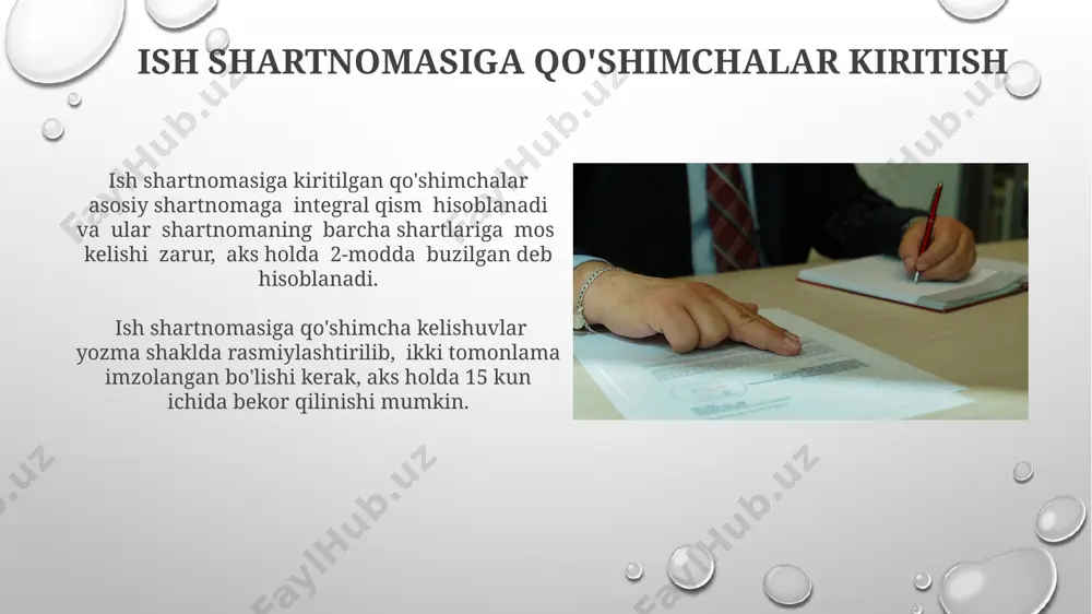 deksining 100-moddasiga asosan, ish beruvchi tomonidan ish shartnomasini bekor qilish uchun jiddiy sabablar, masalan, ishchining xatti-harakatlarining og'ir buzilishi bo'lishi kerak. ish shartnomasi 2 oylik muddatli xabar berish orqali, o'zaro kelishuv asosida bekor qilinishi mumkin, agar shartnomada boshqa muddat ko'rsatilmagan bo'lsa. ish beruvchining tashabbusi bilan ish shartnomasini bekor qilish ish beruvchi ishchini ishdan bo'shatishdan oldin, mehnat kodeksining 97-moddasida ko'rsatilgan tartibda, ishchi bilan uning yozma ravishda xabardor qilinishi va hujjatlashtirilgan bo'lishi shart. bunday xabarnoma 3 kun oldin topshirilishi kerak. ish beruvchining tashabbusi bilan ish shartnomasi bekor qilinganda, ishchiga mehnat kodeksida belgilangan tartibda kompensatsiya to'lanadi, buning miqdori ish stajiga va bekor qilish sabablariga bog'liq bo'lishi mumkin. o'zaro kelishuv asosida ish shartnomasini bekor qilish o'zaro kelishuv asosida ish shartnomasini bekor qilishda, tomonlar o'zaro kelishgan holda, ish haqining 2 oydan ortiq bo'lmagan miqdorida kompensatsiya to'lash mumkin. o'zaro kelishuv asosida ish shartnomasini bekor qilish to'g'risidagi bitim yozma shaklda rasmiylashtiriladi va unda tomonlarning huquq va majburiyatlari aniq …