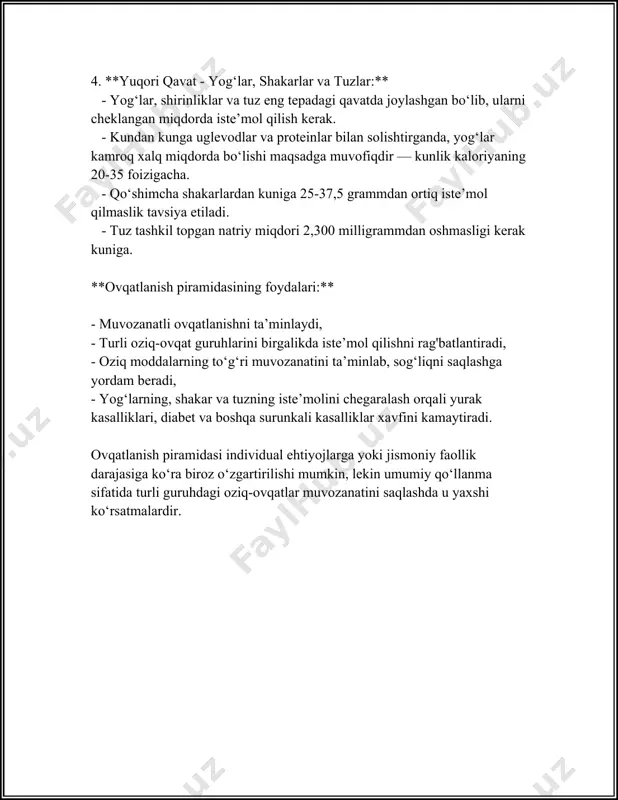 ehtiyojlarga qarab o'zgarishi mumkin. 3. sog‘lom ovqatlanishning ahamiyati sog‘lom ovqatlanish inson salomatligini saqlash va umuman, sog‘lom turmush tarzini olib borishda juda muhim rol o‘ynaydi. zamonaviy tadqiqotlar natijalari va statistika ko‘rsatkichlari buni aniq tasdiqlaydi. birlashgan millatlar tashkiloti jahon sog‘liqni saqlash tashkiloti ma’lumotlariga ko‘ra, noto‘g‘ri ovqatlanish global miqyosda yiliga 11 milliondan ortiq odamning o‘limiga sabab bo‘ladi. shu bilan birga, yomon ovqatlanish xalqaro sog‘liq uchun butun dunyo bo‘ylab eng katta xavflardan biri hisoblanadi. o‘zbekistonda sog‘lom ovqatlanish ayniqsa katta e’tibor talab etadigan masala bo‘lib, statistikaga ko‘ra, aholining taxminan 25 foizi ortiqcha vaznga ega ekanligi qayd etilgan. mahalliy sog‘liqni saqlash idoralarining ma’lumotlariga ko‘ra, yurak-qon tomir kasalliklari va diabet kabi surunkali kasalliklar ham asosan odamlarning noto‘g‘ri ovqatlanishi bilan bog‘liq. sog‘lom ovqatlanishni targ‘ib qilish va bu borada xabardorlik darajasini oshirish uchun turli tadbirlar, o‘quv dasturlari va media kampaniyalar o‘tkazilishi shart. masalan, bolalar va o‘spirinlar o‘rtasida qad-qomat masalalari bo‘yicha jahon sog‘liqni saqlash tashkiloti bergan ma’lumotlarga ko‘ra, yosh bolalarning …